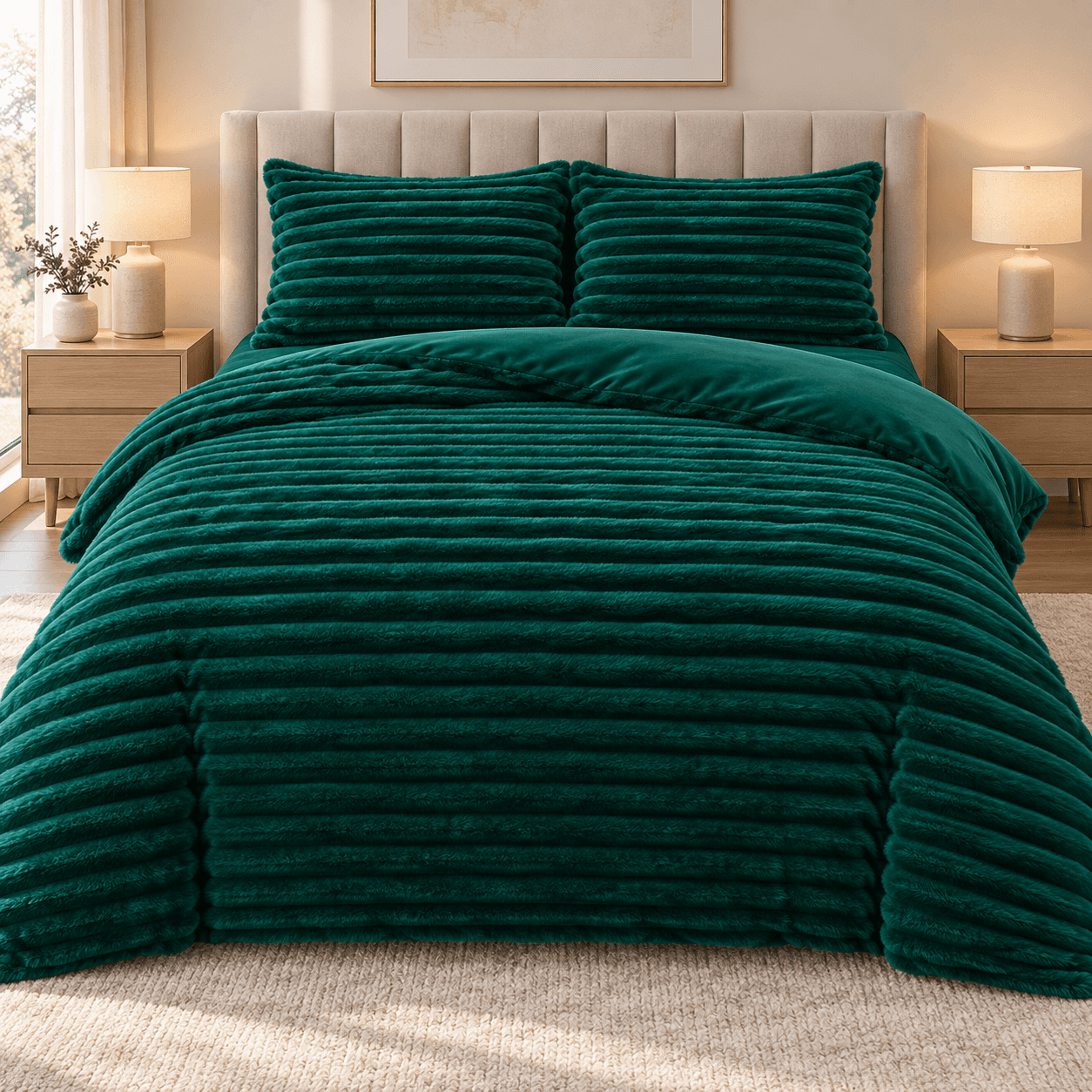 Lenjerie pat dublu, Cocolino, elastic, Plush Velvet cu dungi, 4 piese, model verde smarald cu dungi | East Comfort
