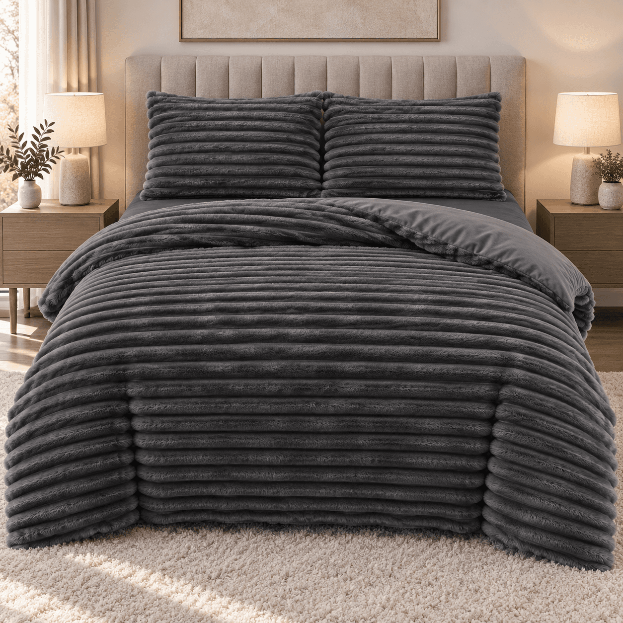 Lenjerie pat dublu, Cocolino, elastic, Plush Velvet cu dungi, 4 piese, model gri antracit cu dungi | East Comfort