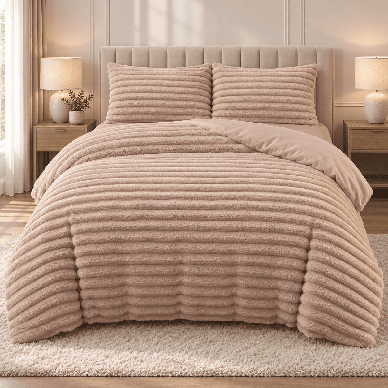 Lenjerie pat dublu, Cocolino, elastic, Plush Velvet cu dungi, 4 piese, model bej nisipiu cu dungi | East Comfort