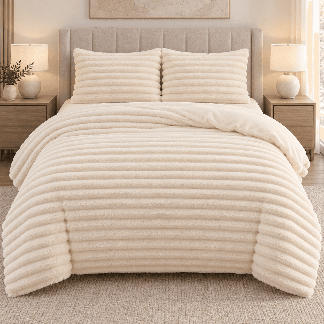 Lenjerie pat dublu, Cocolino, elastic, Plush Velvet cu dungi, 4 piese, model crem ivoriu cu dungi | East Comfort