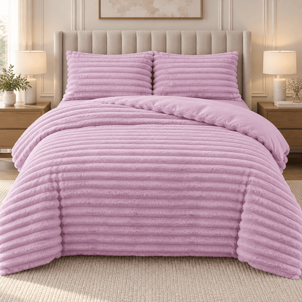 Lenjerie pat dublu, Cocolino, elastic, Plush Velvet cu dungi, 4 piese, model lila cu dungi | East Comfort