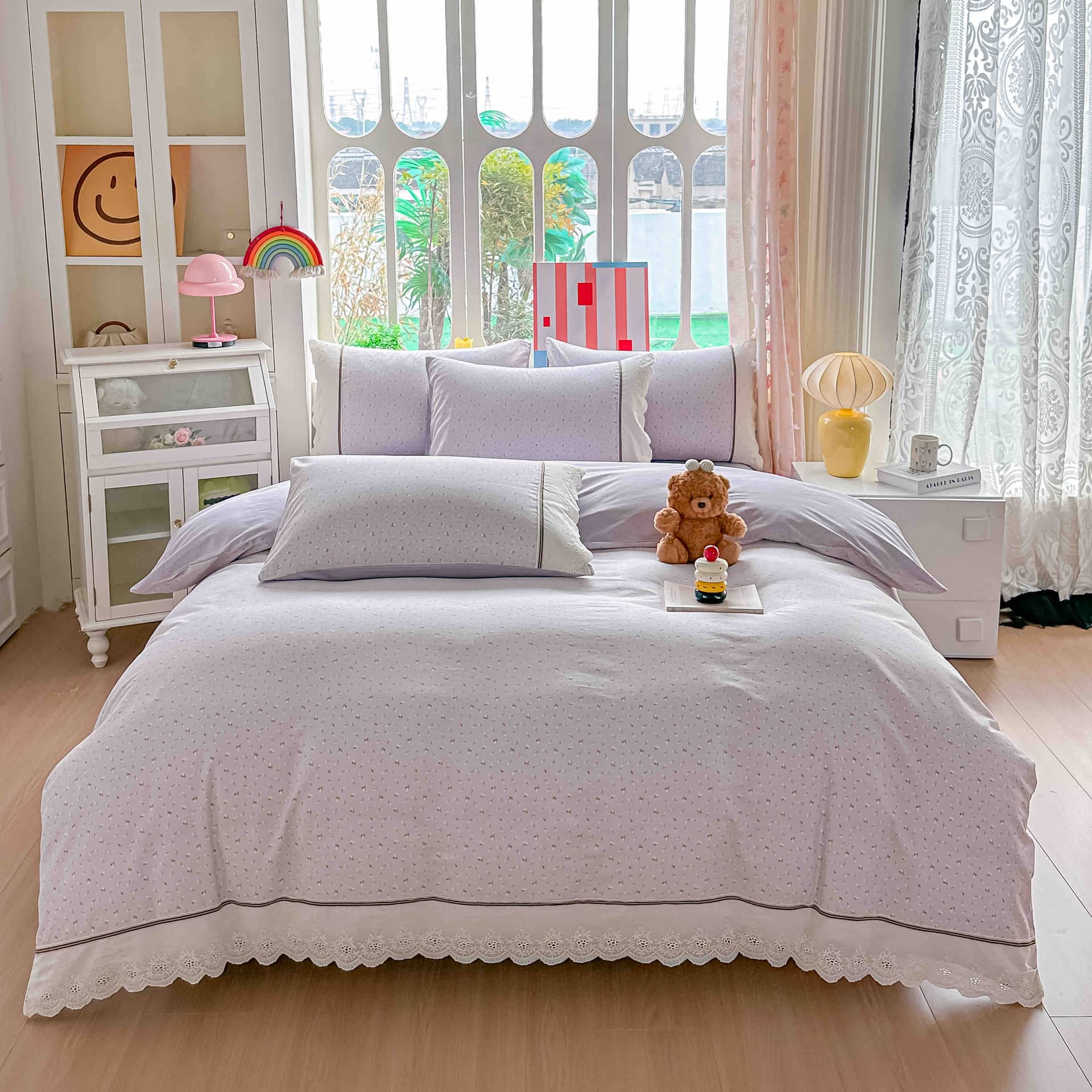 Lenjerie pat dublu, 100% bumbac, elastic, 4 piese, model lila cu boboci |Jojo Home