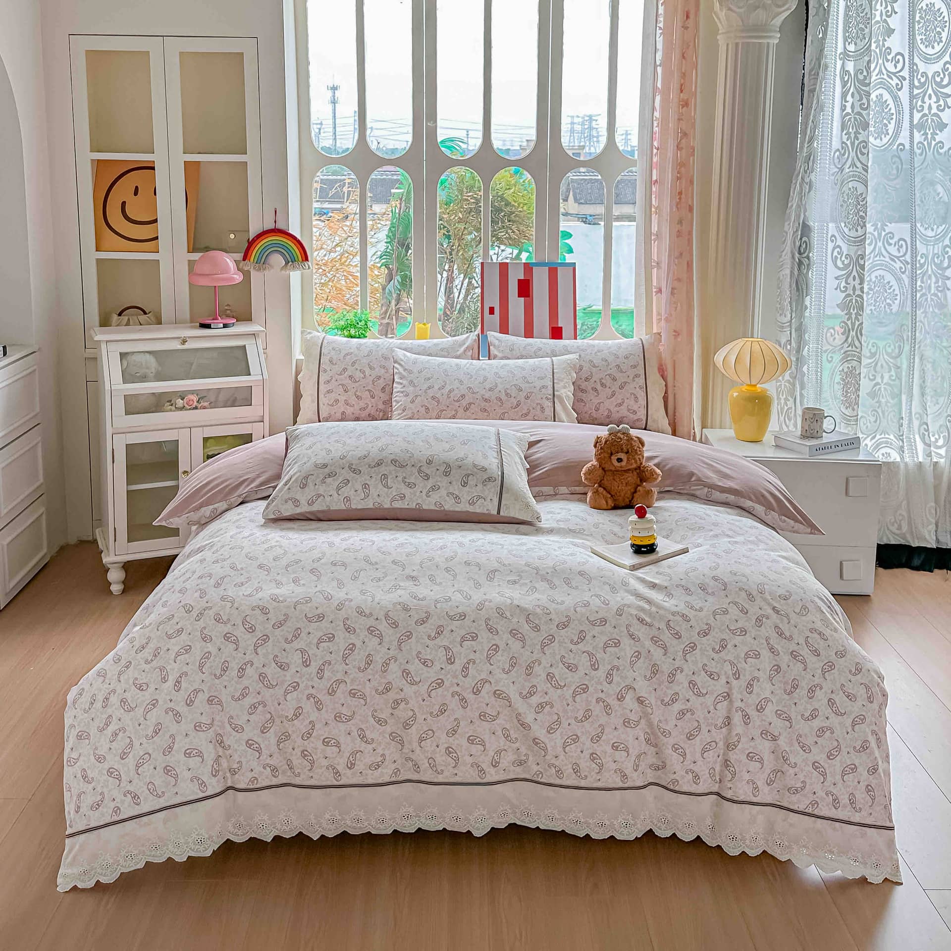 Lenjerie pat dublu, 100% bumbac, elastic, 4 piese, model roz pal cu model paisley |Jojo Home