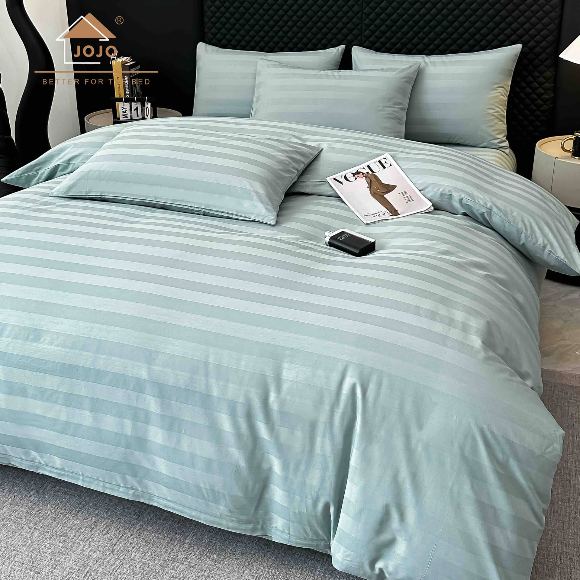 Lenjerie pat dublu, 100% bumbac, Damasc Deluxe, elastic, 6 piese, model bleu cu dungi | Jojo Home