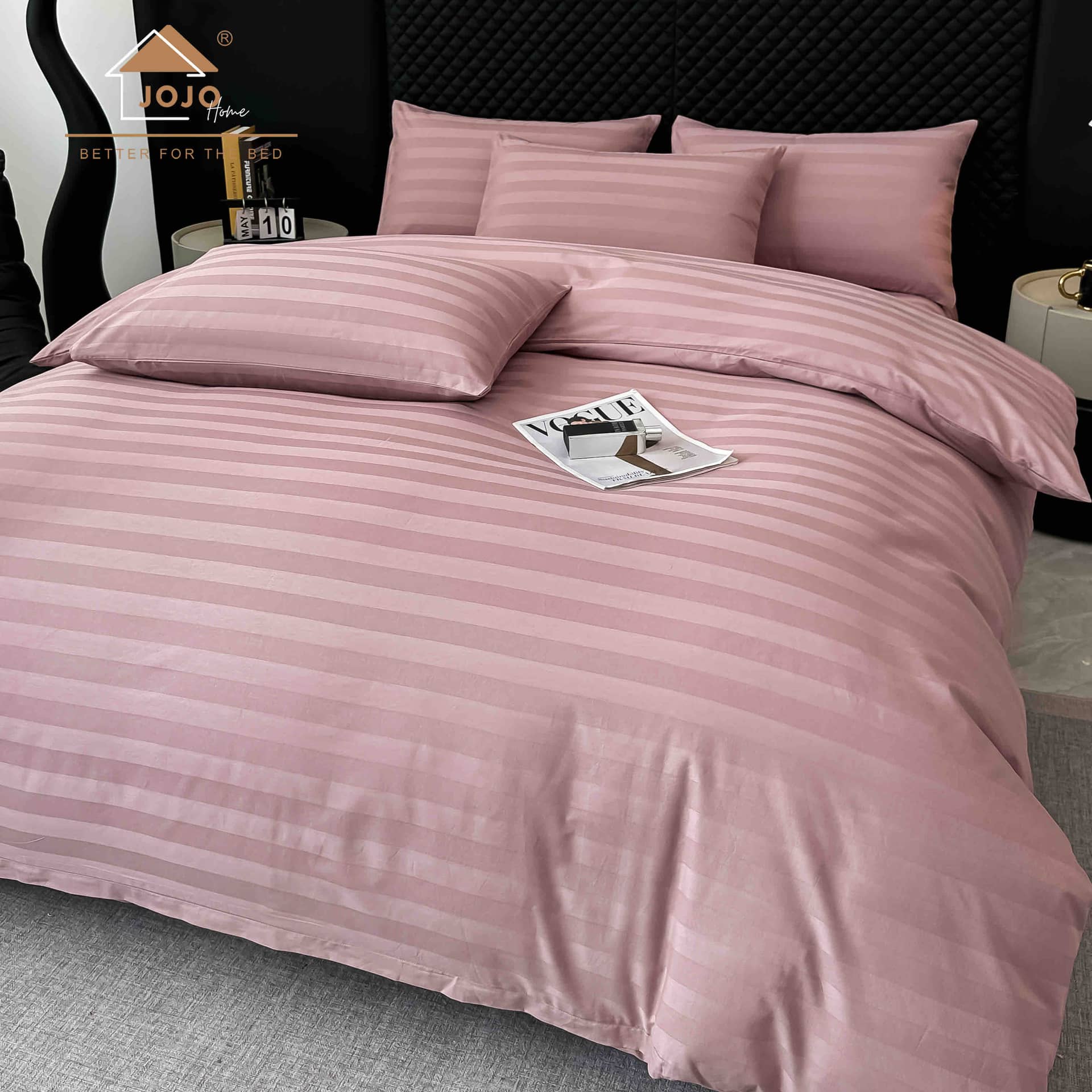 Lenjerie pat dublu, 100% bumbac, Damasc Deluxe, elastic, 6 piese, model roz pudrat cu dungi | Jojo Home