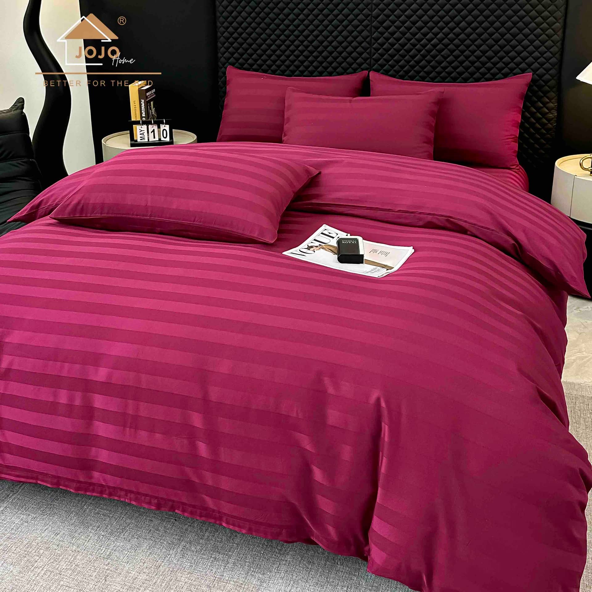 Lenjerie pat dublu, 100% bumbac, Damasc Deluxe, elastic, 6 piese, model bordo cu dungi | Jojo Home