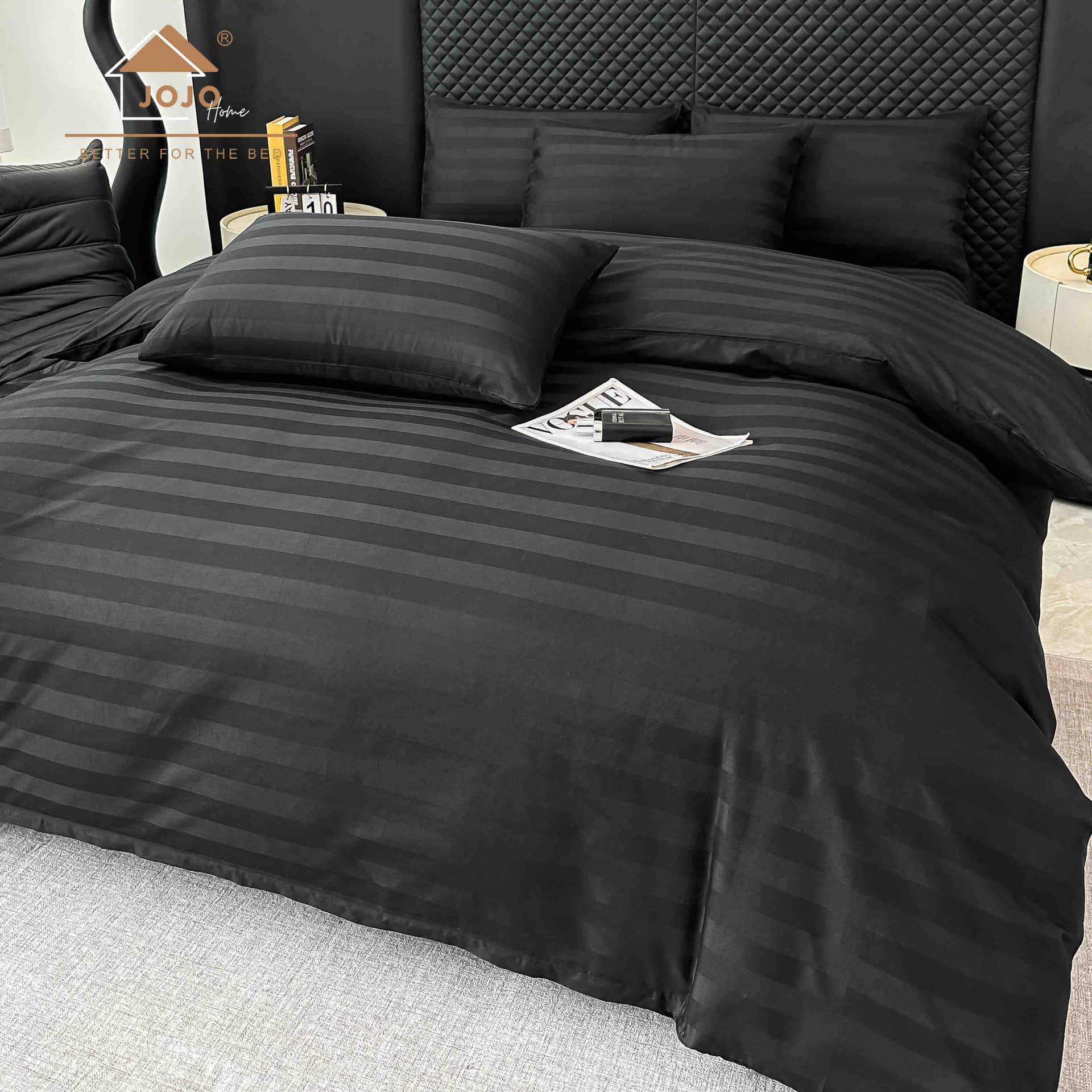 Lenjerie pat dublu, 100% bumbac, Damasc Deluxe, elastic, 6 piese, model negru cu dungi | Jojo Home