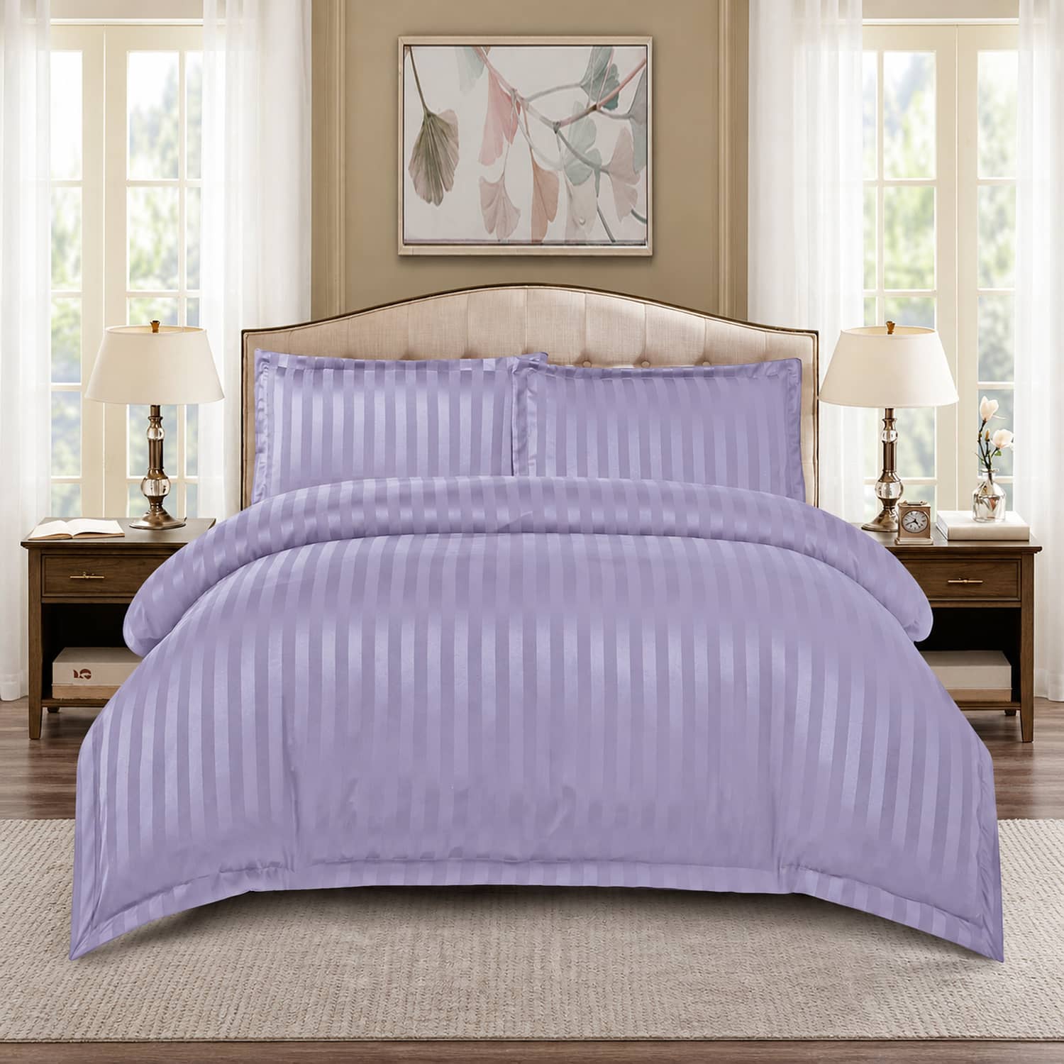 Lenjerie pat dublu, damasc, elastic, 4 piese, model lavanda | Primavara