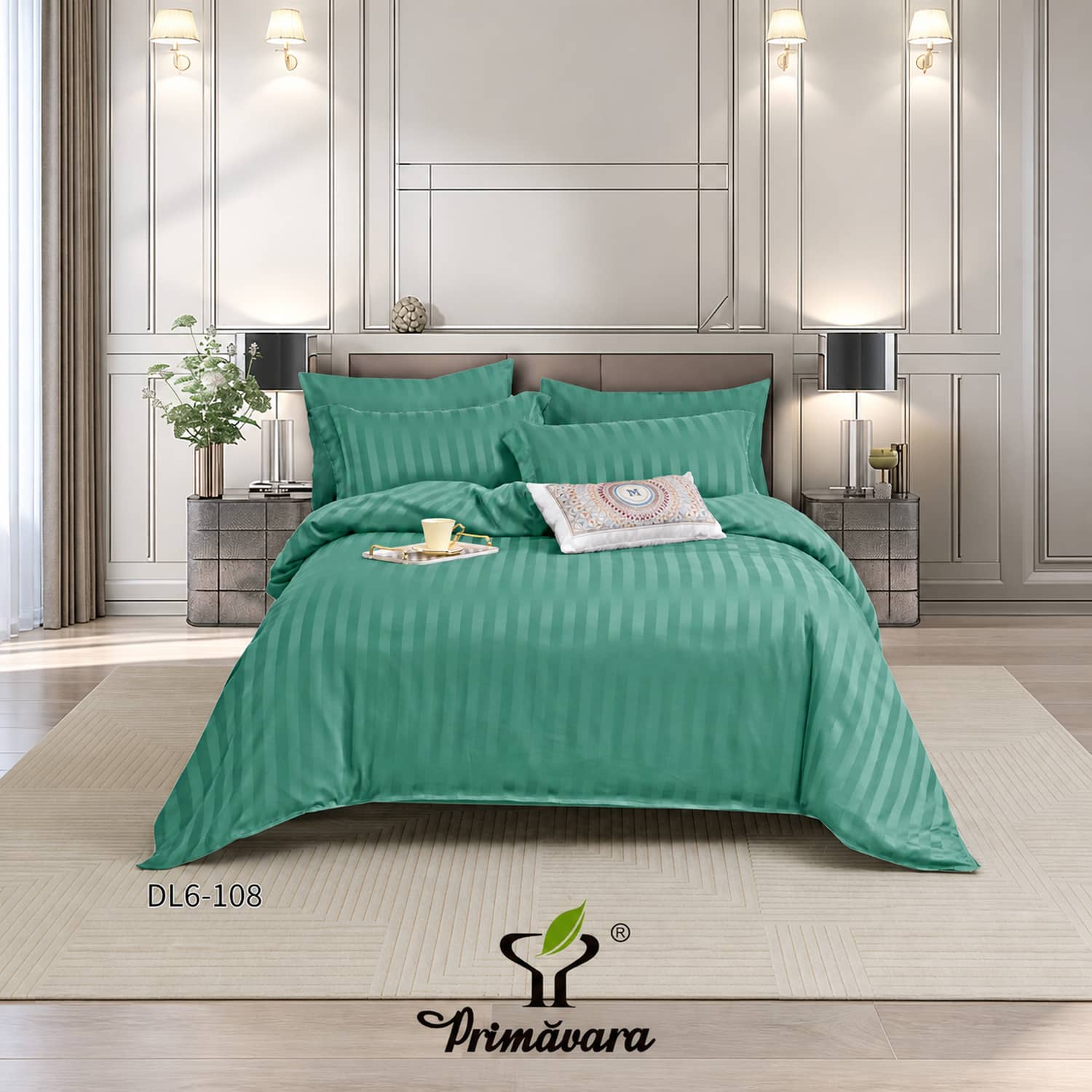 Lenjerie pat dublu, damasc, elastic, 6 piese, model verde menta | Primavara