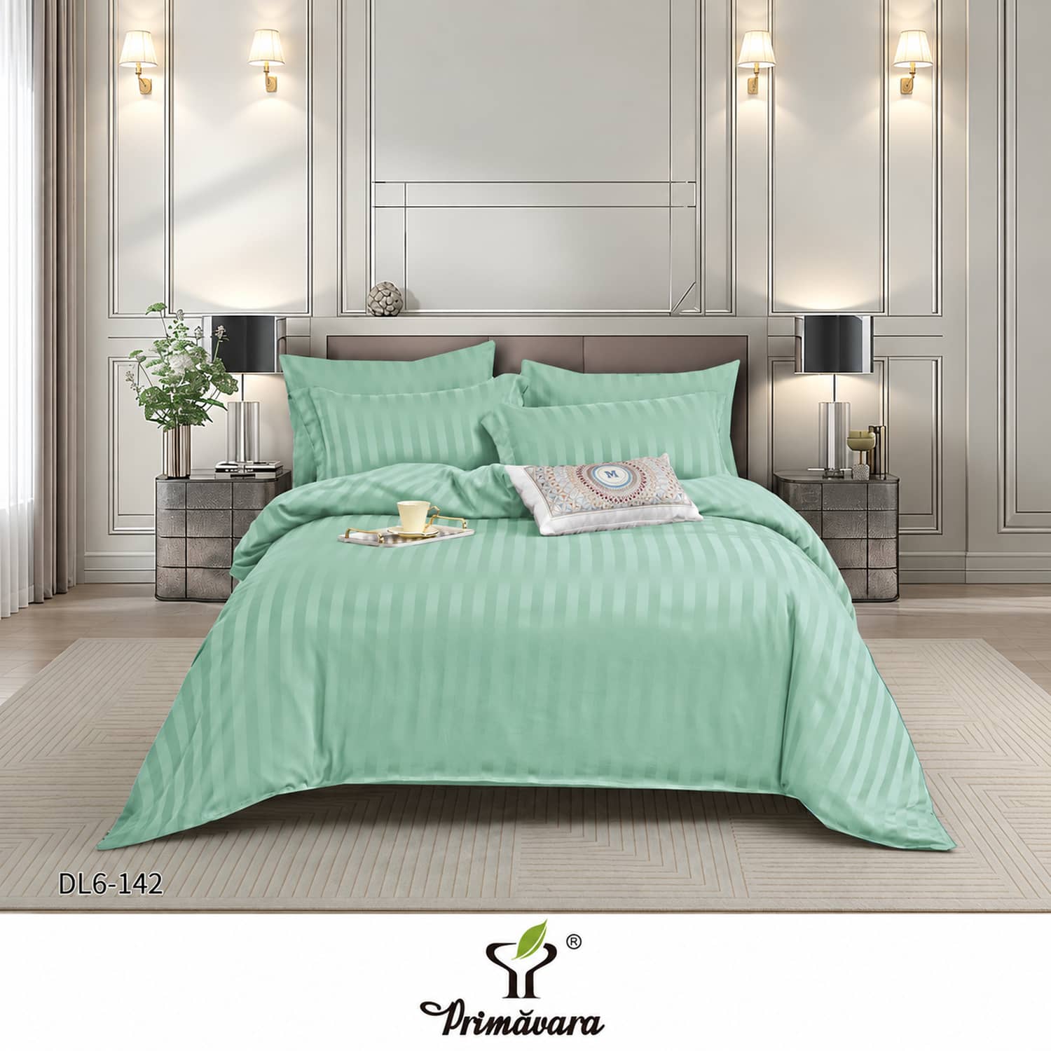 Lenjerie pat dublu, damasc, elastic, 6 piese, model verde pastel | Primavara