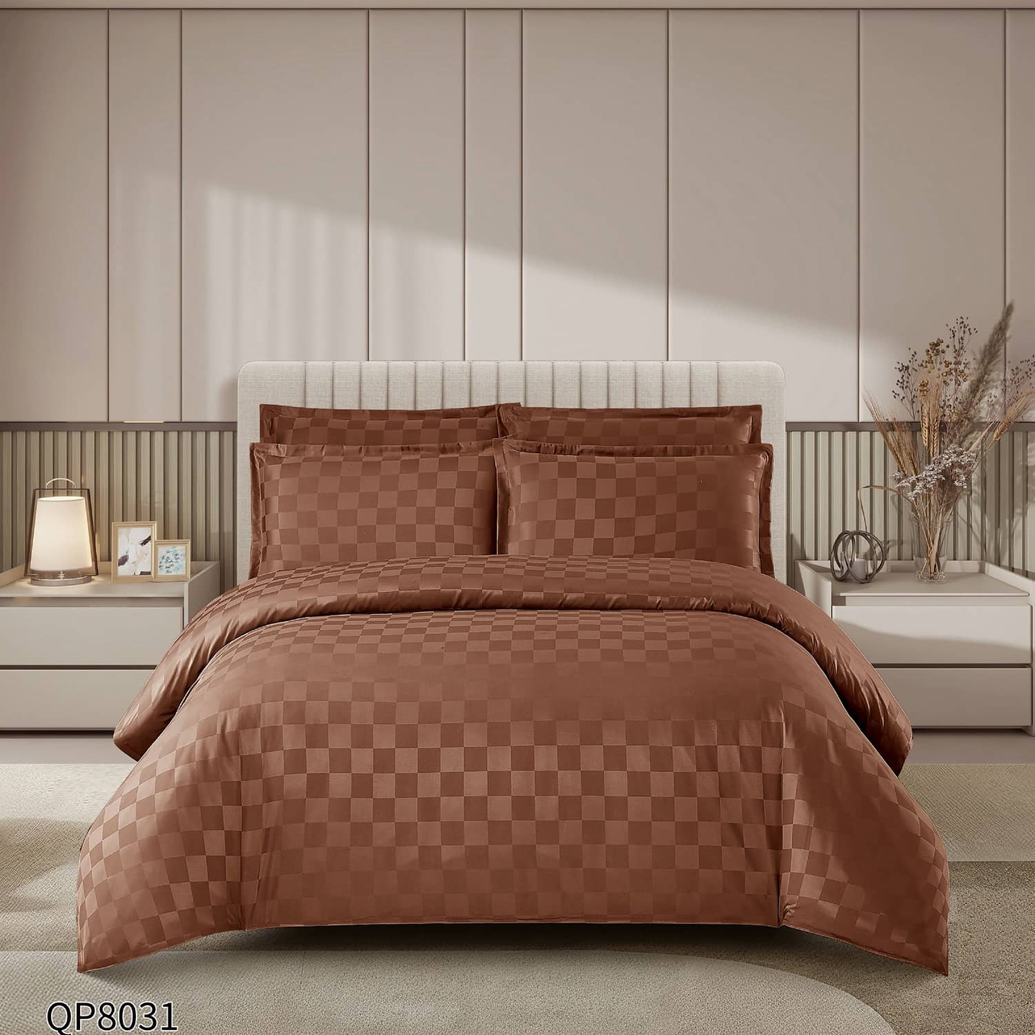 Lenjerie pat dublu, damasc, elastic, 4 piese, model maro caramel | Primavara