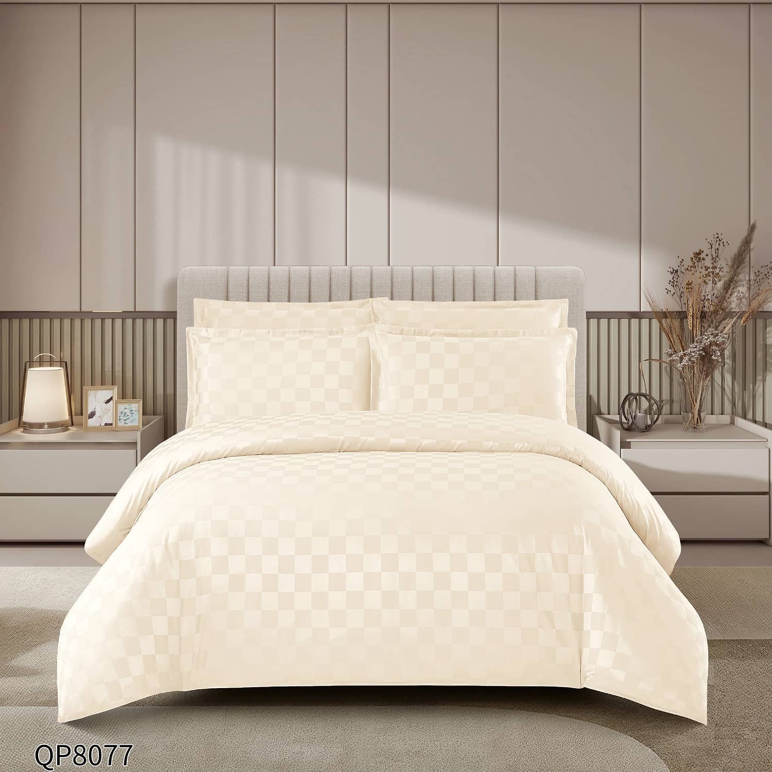 Lenjerie pat dublu, damasc, elastic, 4 piese, model crem | Primavara