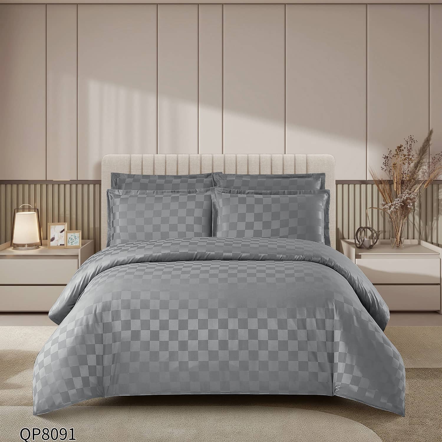 Lenjerie pat dublu, damasc, elastic, 4 piese, model gri otel | Primavara