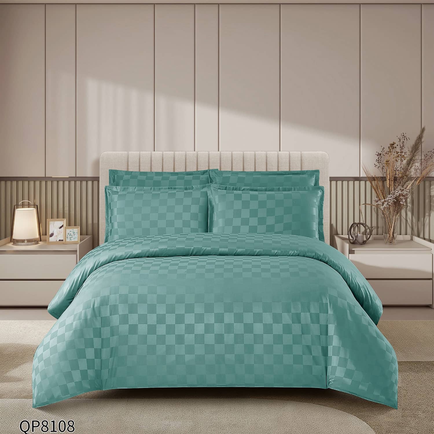 Lenjerie pat dublu, damasc, elastic, 4 piese, model verde menta | Primavara