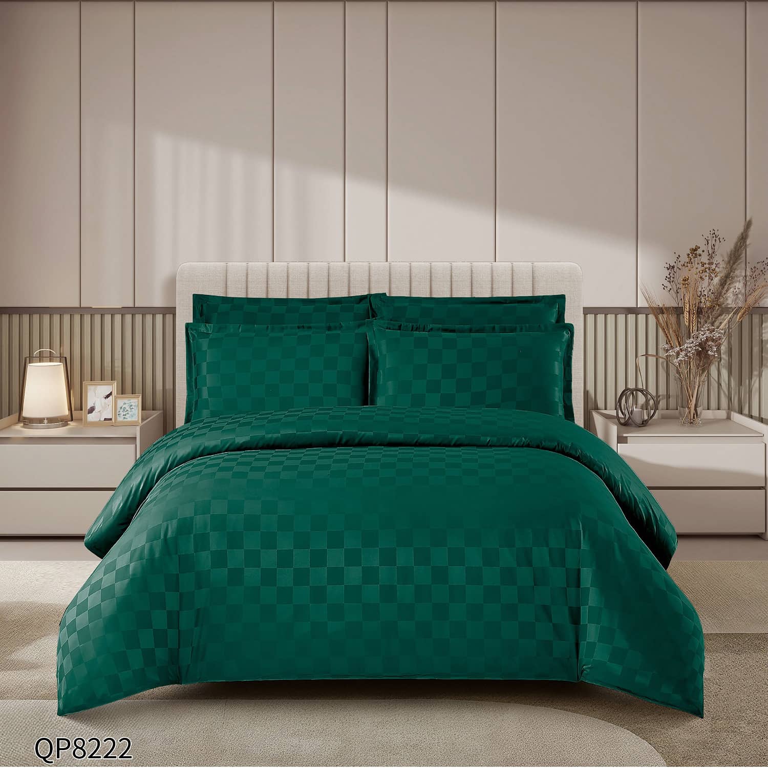 Lenjerie pat dublu, damasc, elastic, 4 piese, model verde smarald | Primavara