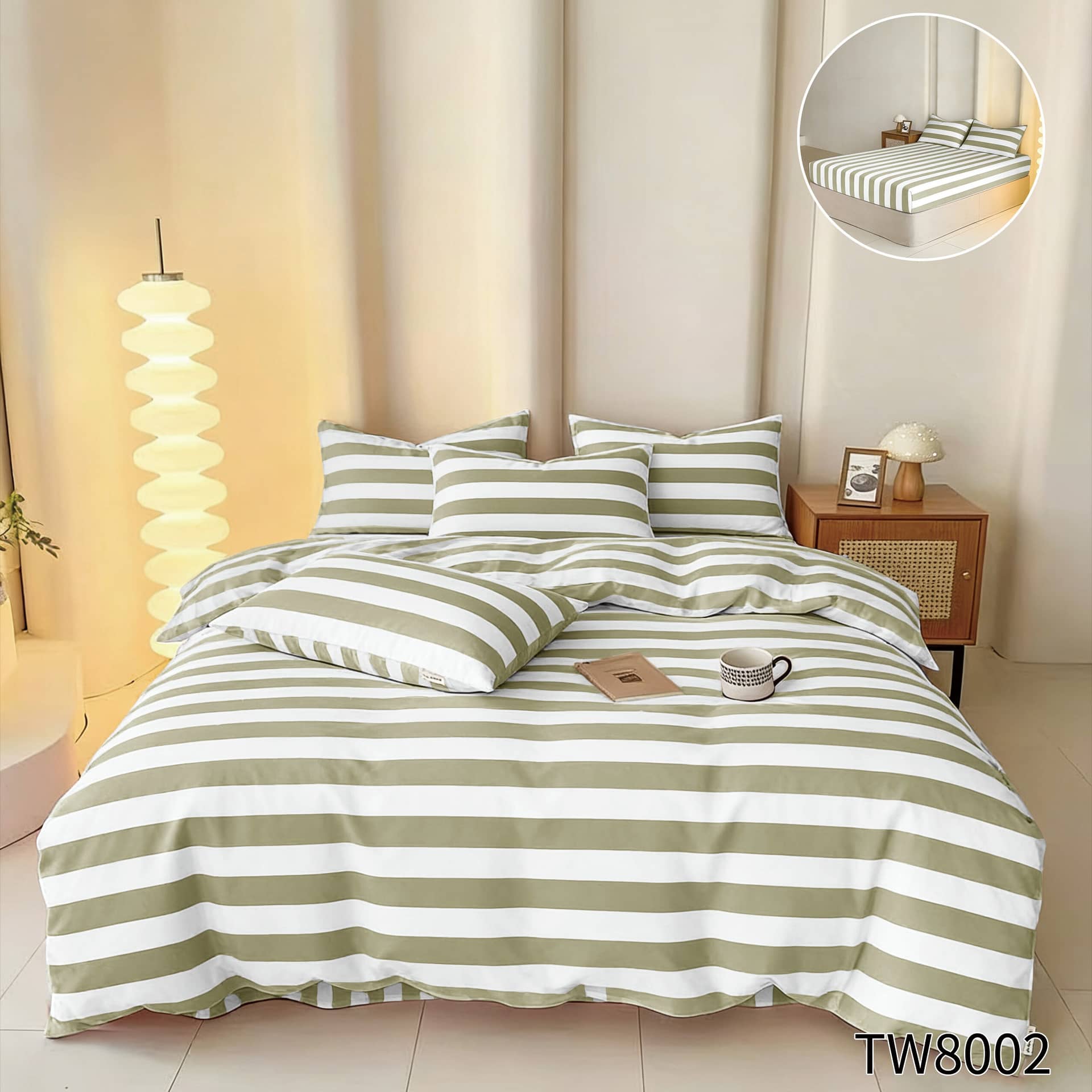 Lenjerie pat dublu, Finet cu dungi, elastic, 4 piese, model verde masliniu cu dungi | Primavara