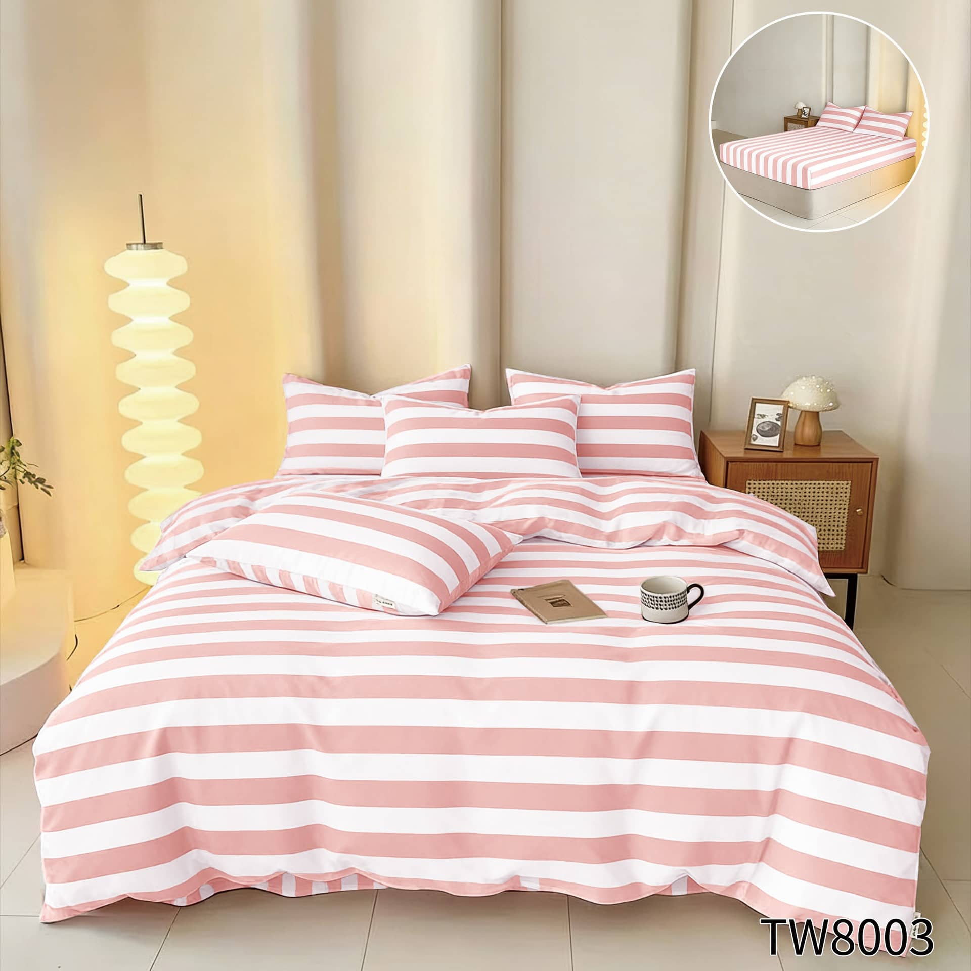 Lenjerie pat dublu, Finet cu dungi, elastic, 4 piese, model roz cu dungi | Primavara