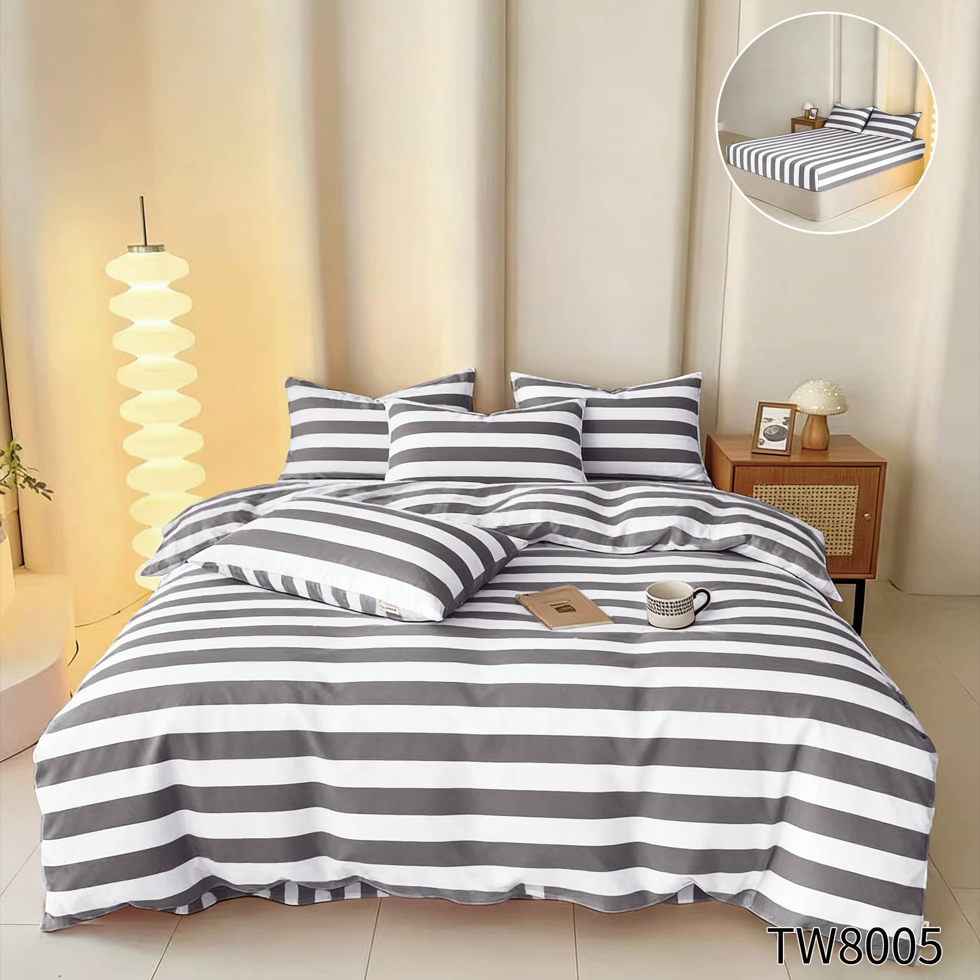 Lenjerie pat dublu, Finet cu dungi, elastic, 4 piese, model gri antracit cu dungi | Primavara