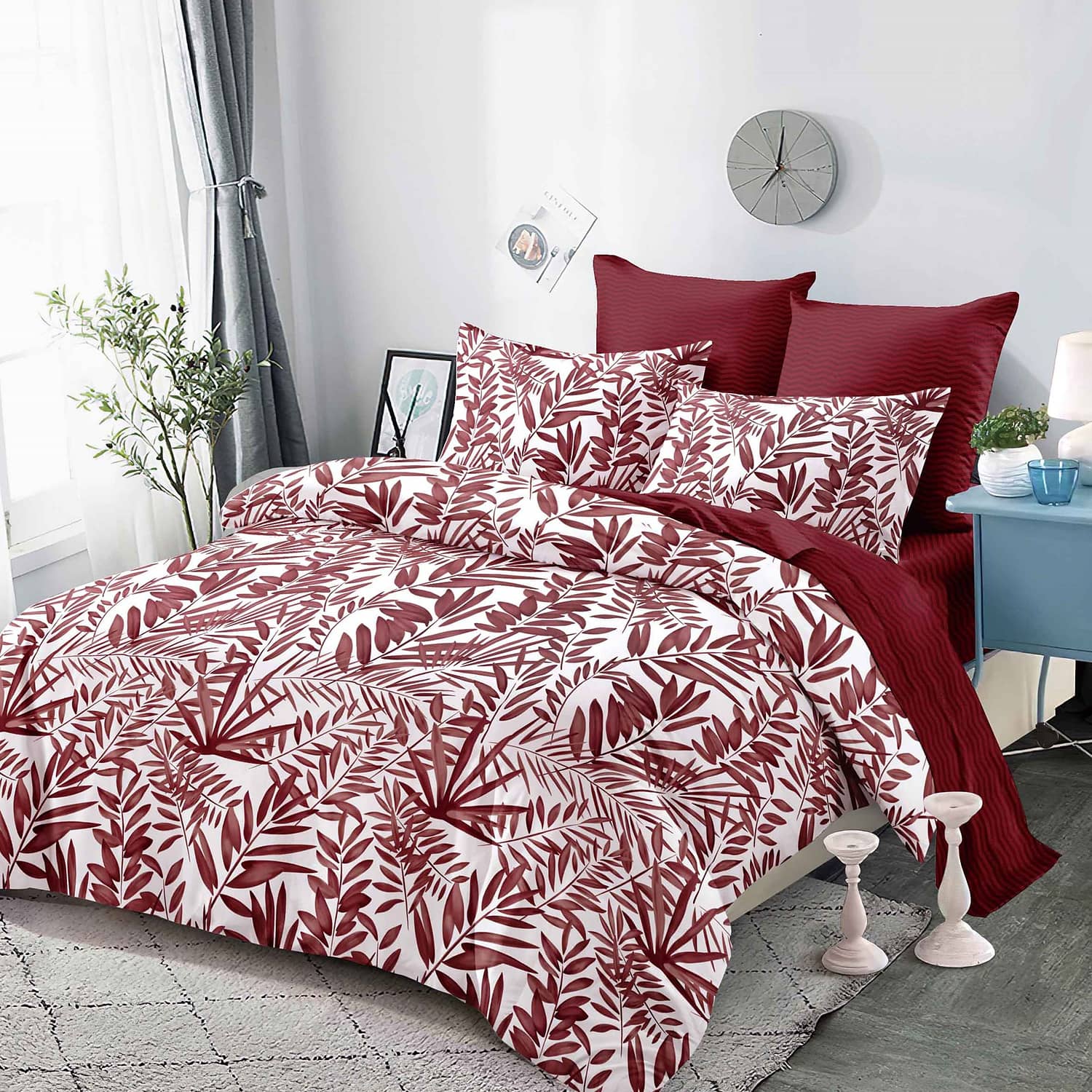Lenjerie pat dublu, finet, elastic, 6 piese, model bordo cu frunze | Primavara