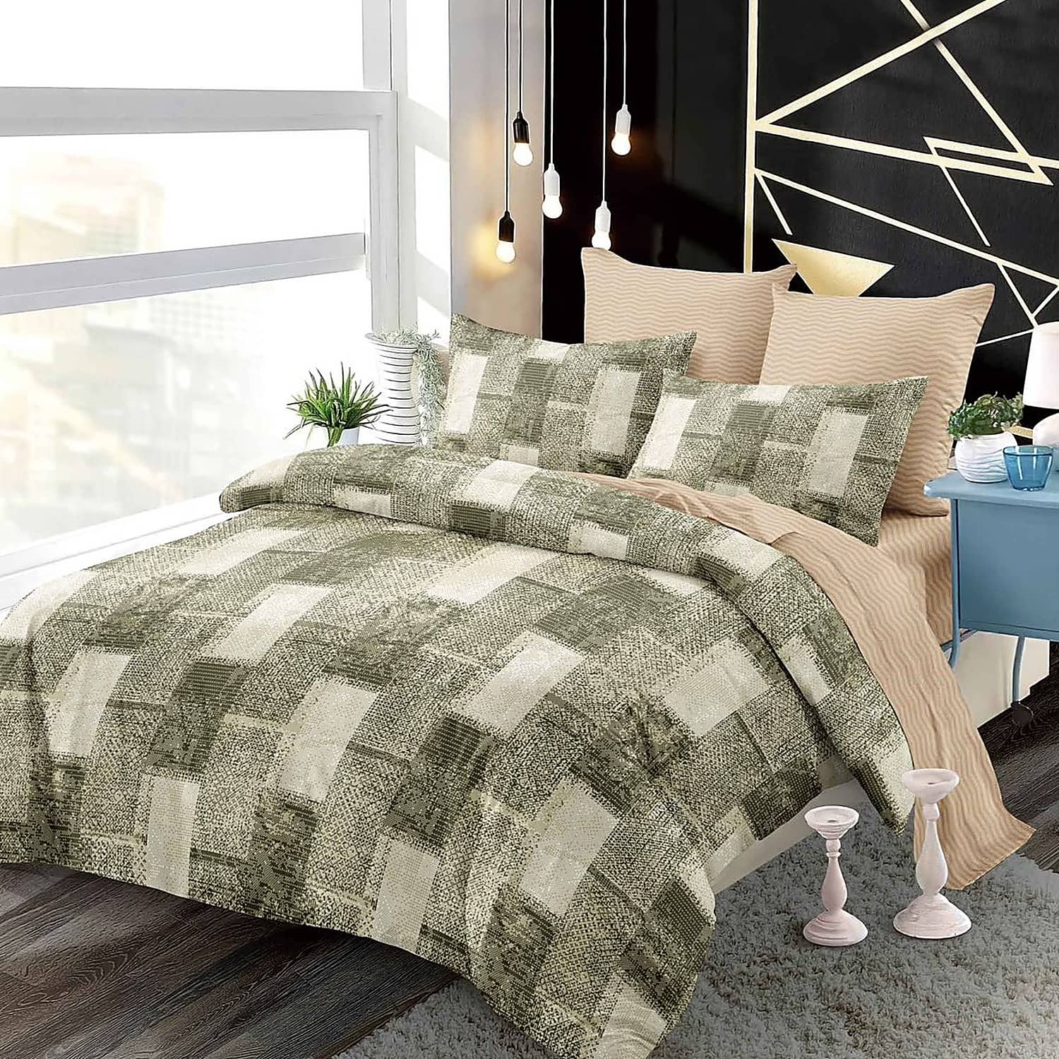 Lenjerie pat dublu, finet, elastic, 6 piese, model verde oliv cu carouri | Primavara