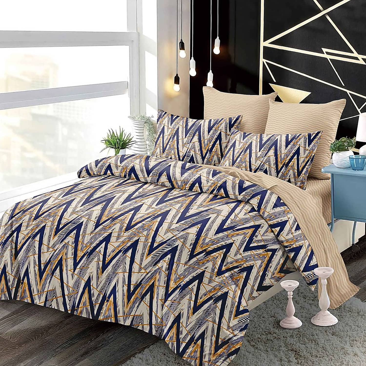 Lenjerie pat dublu, finet, elastic, 6 piese, model bleumarin cu zigzag | Primavara