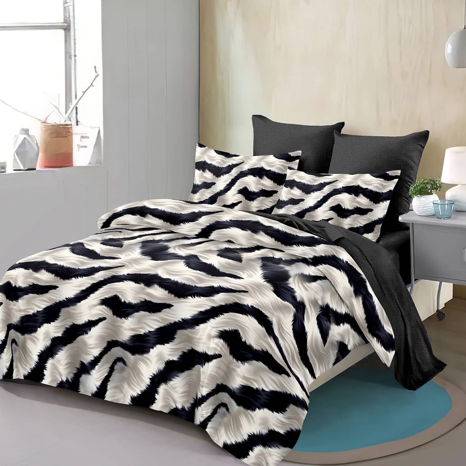 Lenjerie pat dublu, finet, elastic, 6 piese, model alb negru zebra | Primavara