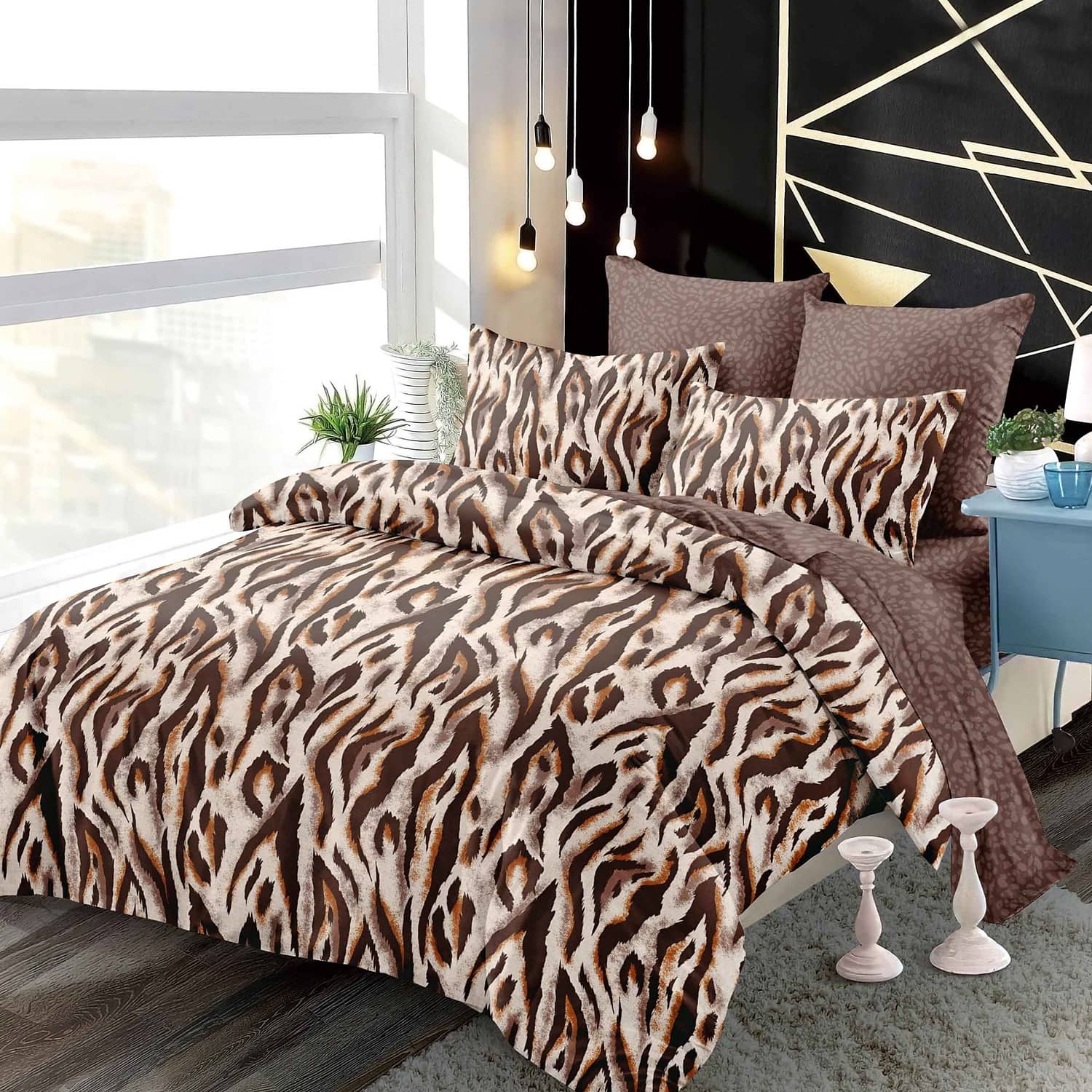 Lenjerie pat dublu, finet, elastic, 6 piese, model maro zebra | Primavara