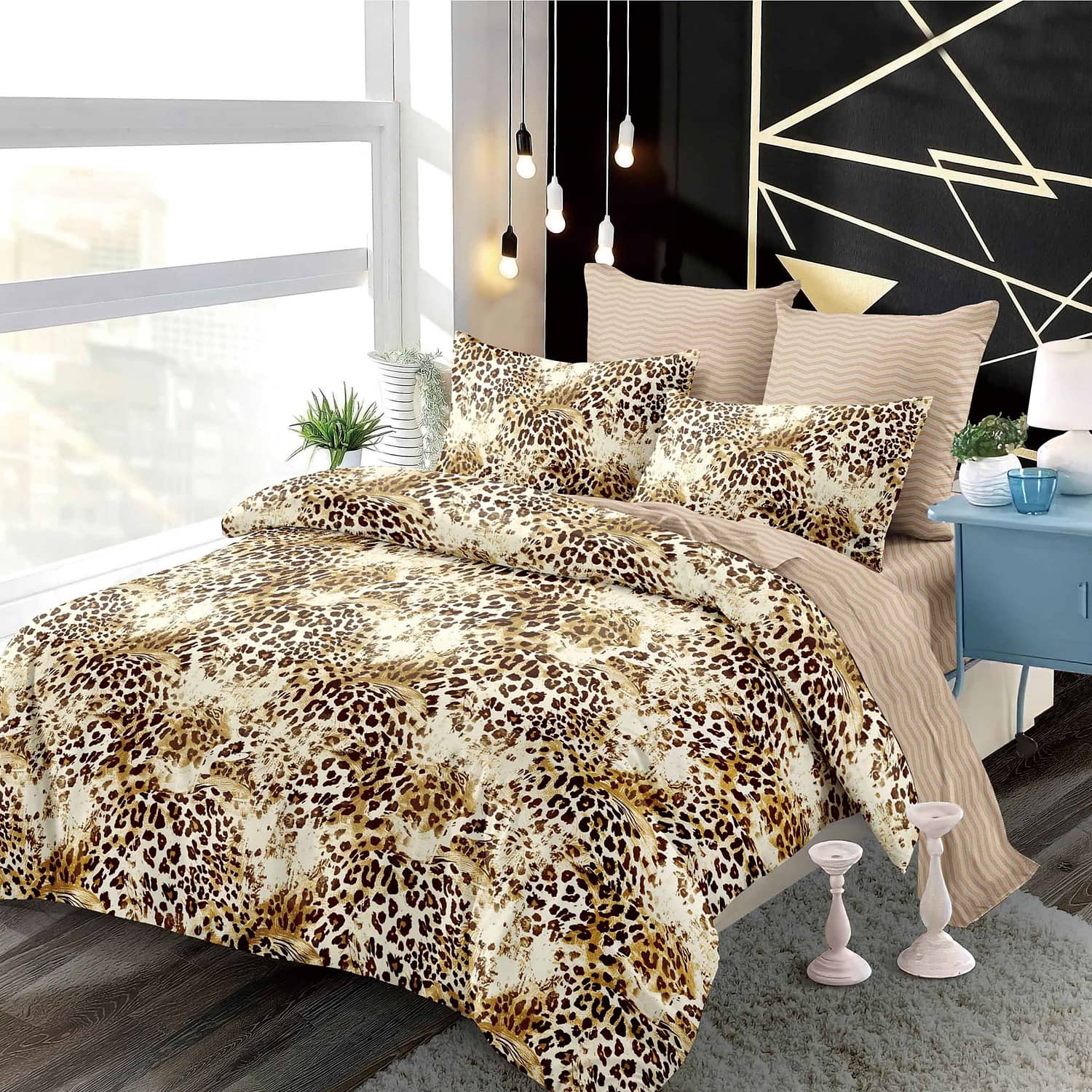 Lenjerie pat dublu, finet, elastic, 6 piese, model bej leopard | Primavara