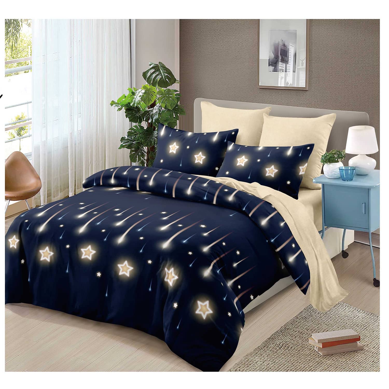Lenjerie pat dublu, finet, elastic, 6 piese, model bleumarin cu stele aurii | Primavara