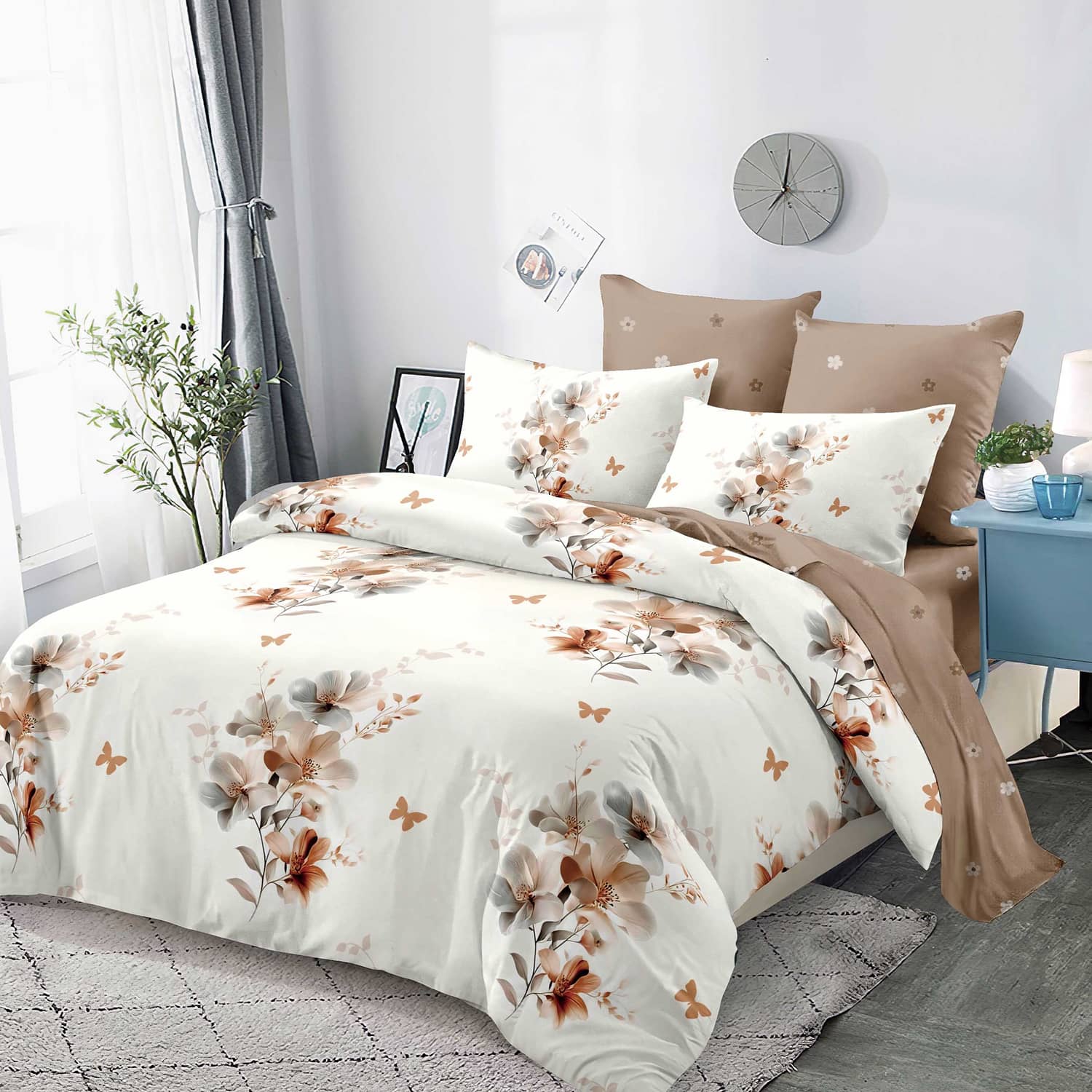 Lenjerie pat dublu, finet, elastic, 6 piese, model alb cu flori mici caramizii | Primavara