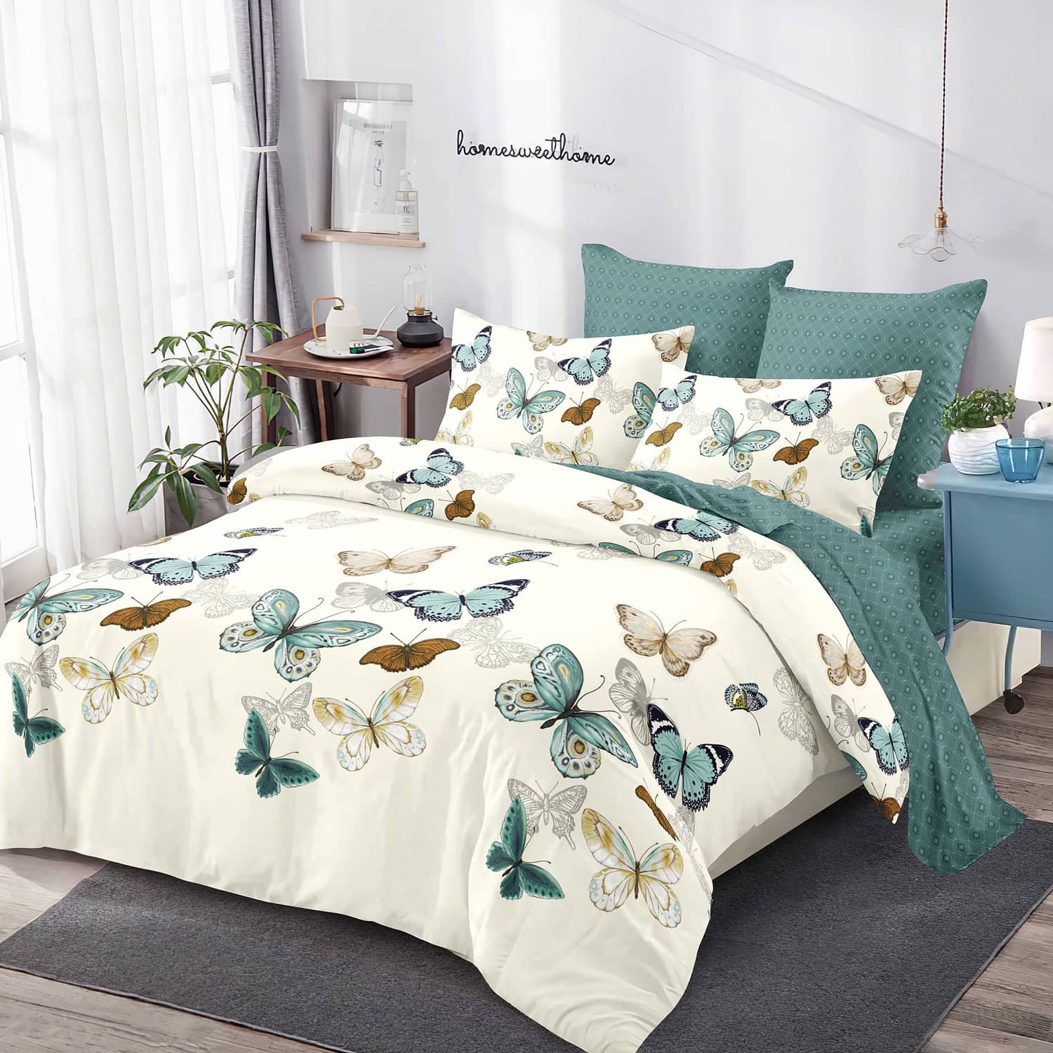 Lenjerie pat dublu, finet, elastic, 6 piese, model alb turcoaz cu fluturi | Primavara