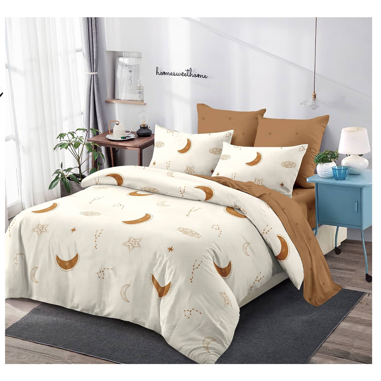 Lenjerie pat dublu, finet, elastic, 6 piese, model crem cu semiluni | Primavara