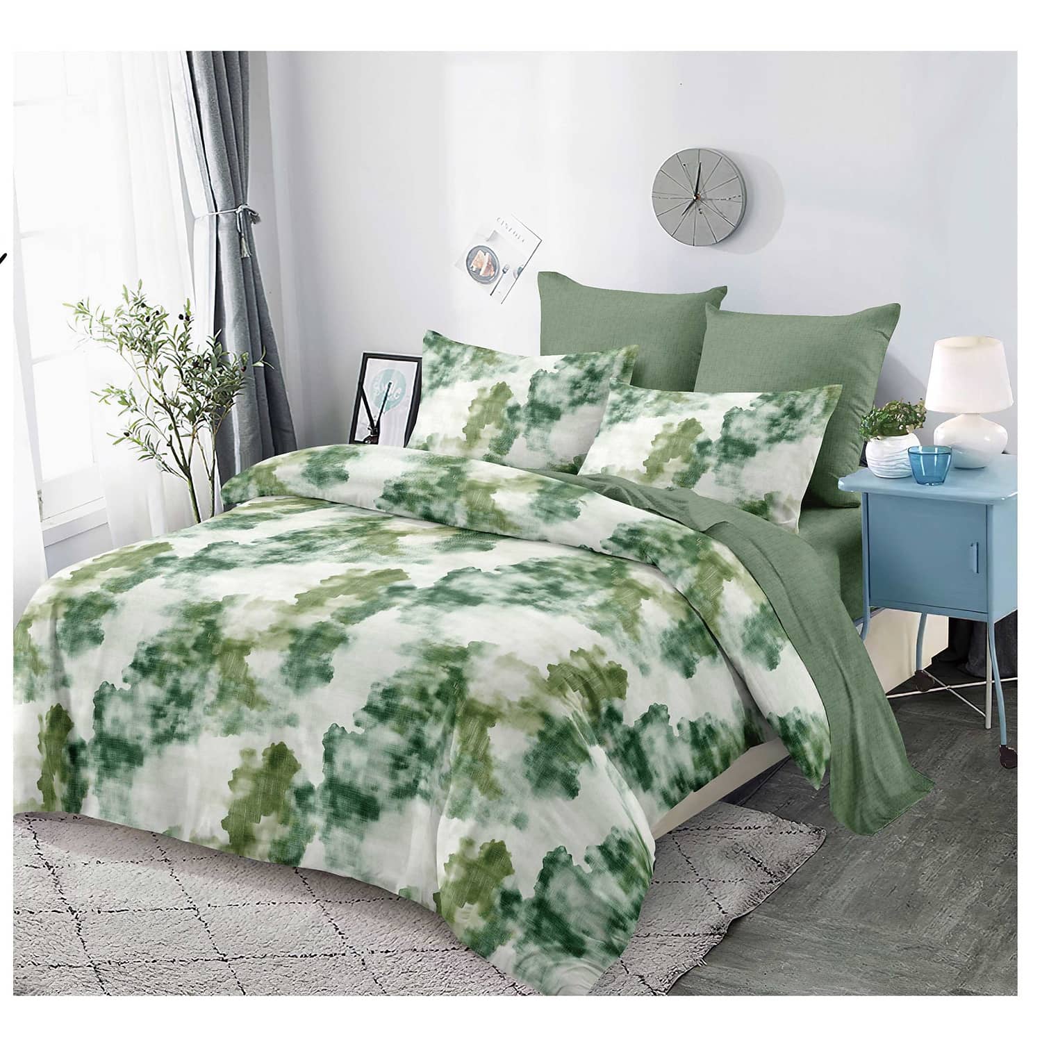 Lenjerie pat dublu, finet, elastic, 6 piese, model alb verde cu frunze | Primavara