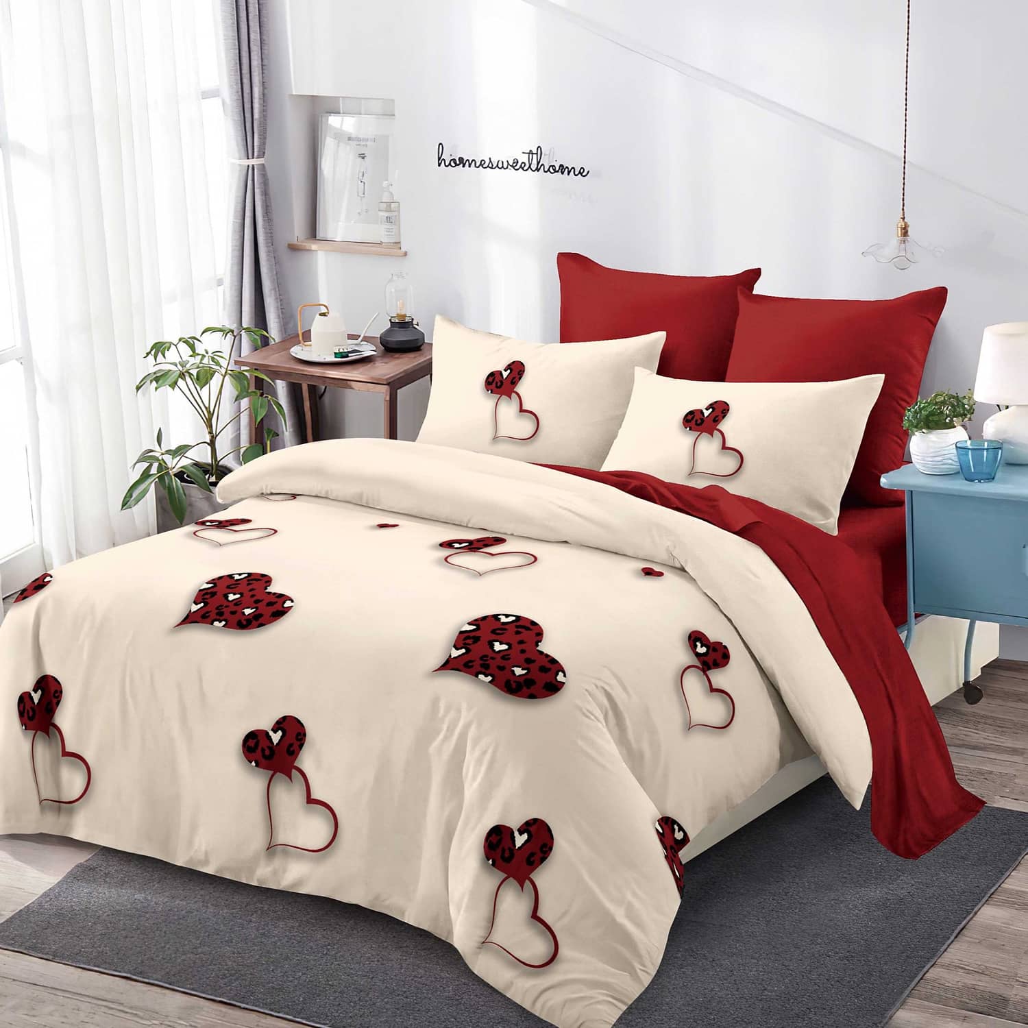 Lenjerie pat dublu, finet, elastic, 6 piese, model crem cu flori bordo | Primavara