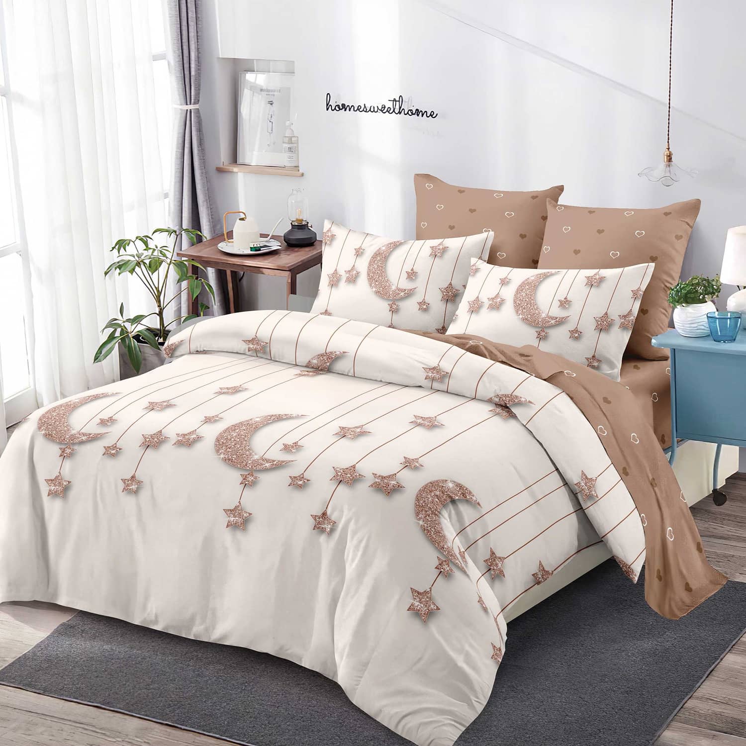 Lenjerie pat dublu, finet, elastic, 6 piese, model bej cu flori maro | Primavara