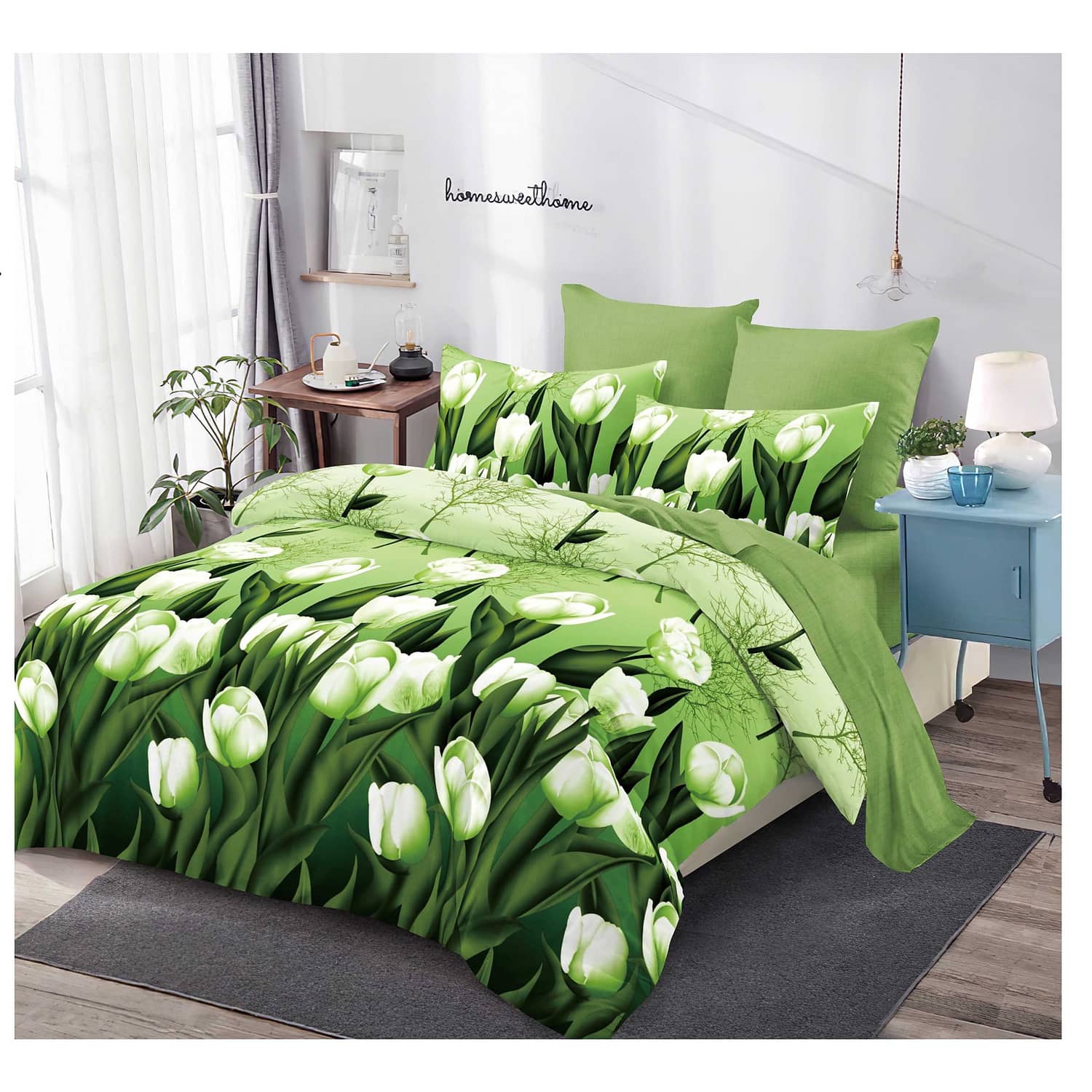Lenjerie pat dublu, finet, elastic, 6 piese, model verde cu lalele albe | Primavara