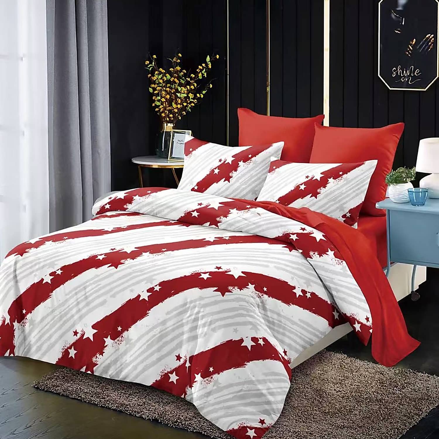 Lenjerie pat dublu, finet, elastic, 6 piese, model rosu alb cu dungi si frunze | Primavara