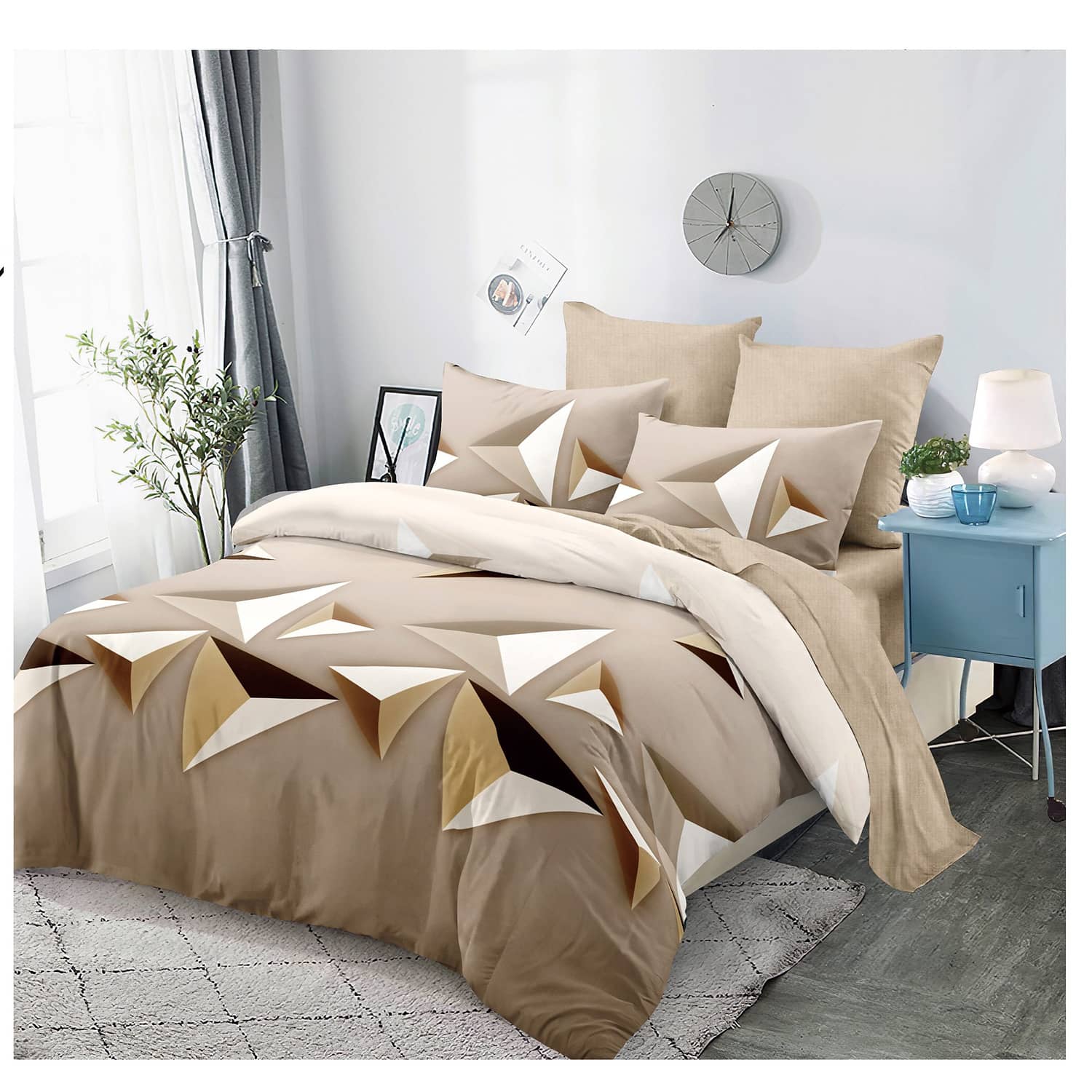 Lenjerie pat dublu, finet, elastic, 6 piese, model bej cu triunghiuri | Primavara
