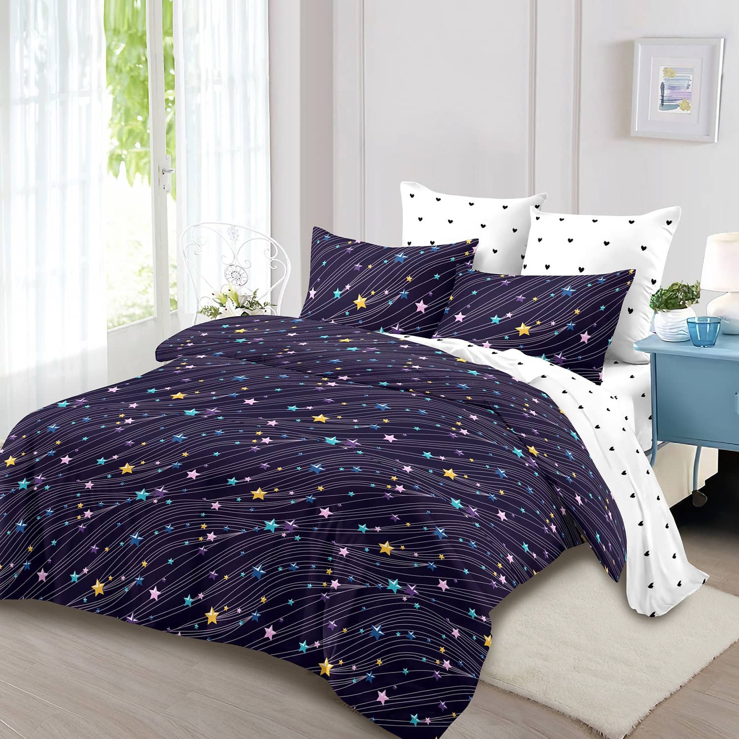 Lenjerie pat dublu, finet, elastic, 6 piese, model bleumarin cu stelute colorate | Primavara
