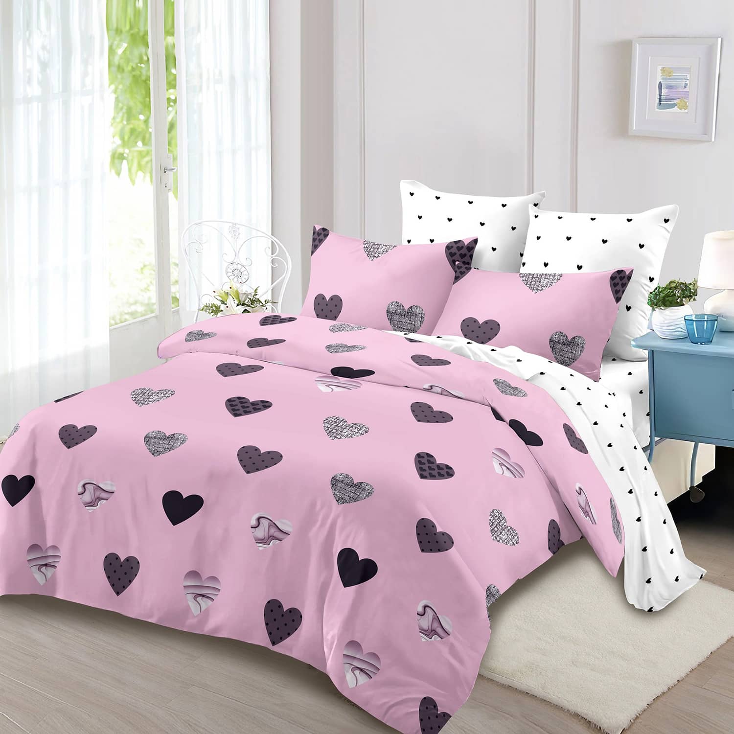Lenjerie pat dublu, finet, elastic, 6 piese, model roz cu inimi gri | Primavara