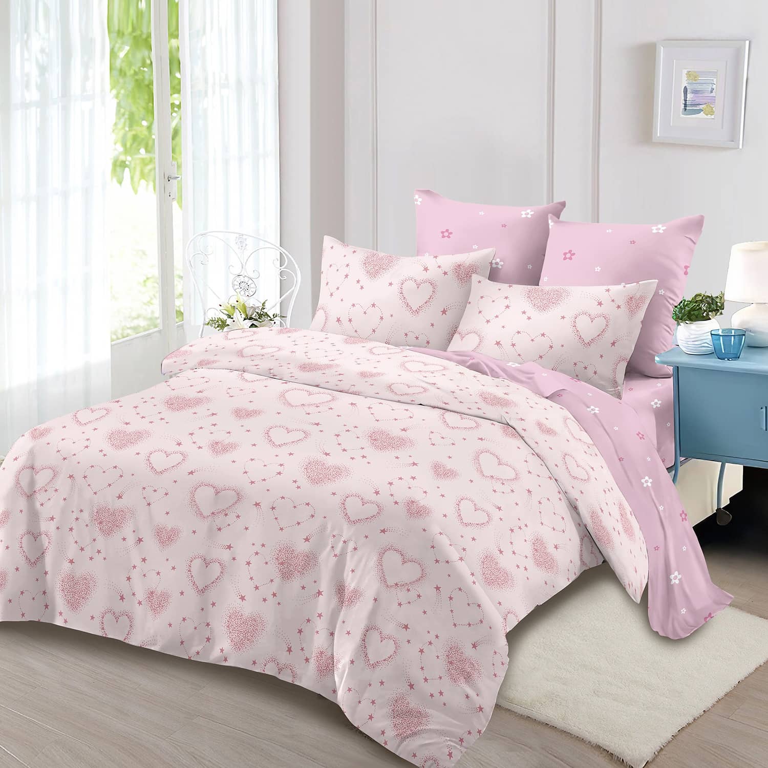 Lenjerie pat dublu, finet, elastic, 6 piese, model roz pal cu flori | Primavara