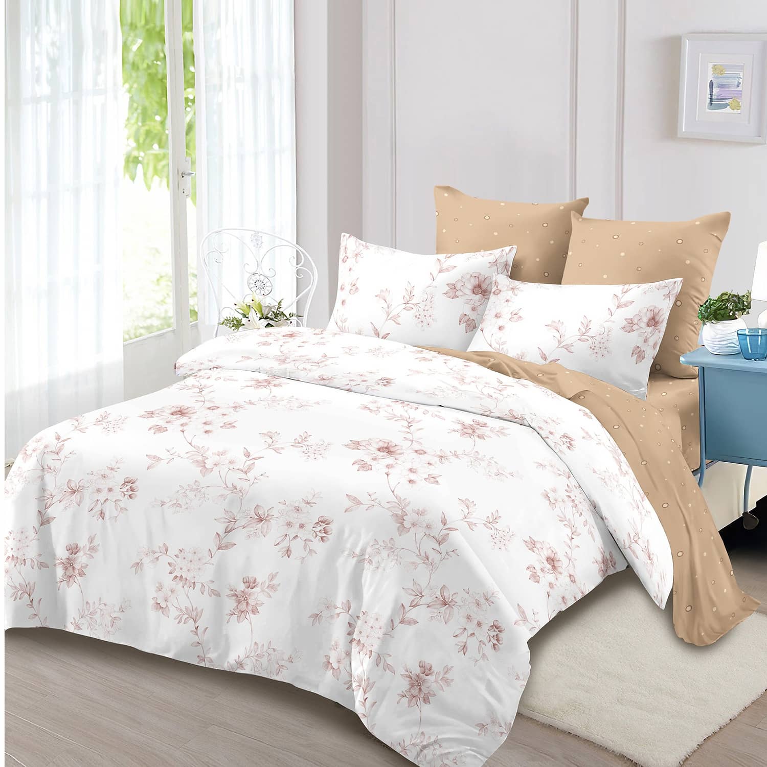 Lenjerie pat dublu, finet, elastic, 6 piese, model alb cu flori piersica | Primavara
