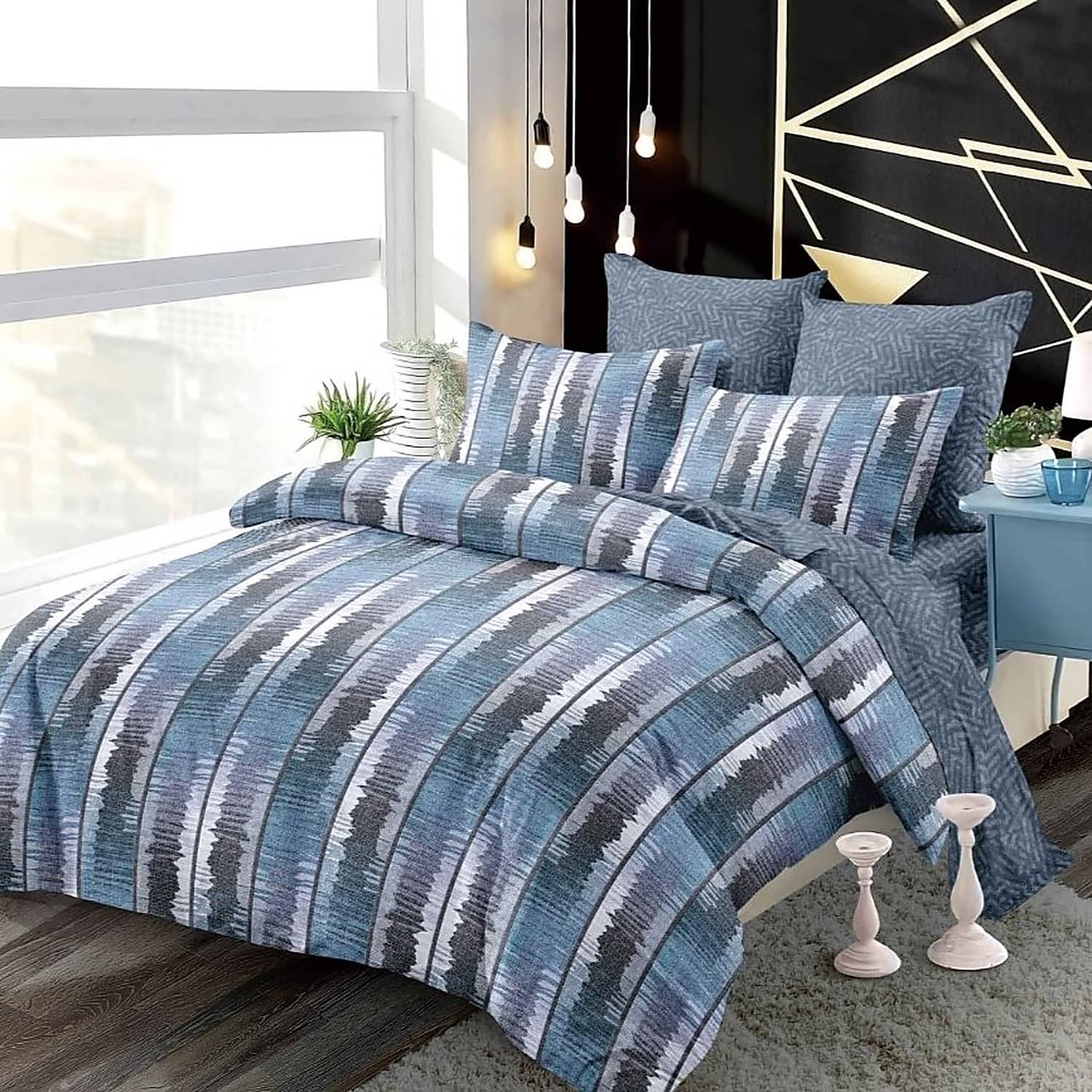 Lenjerie pat dublu, finet, elastic, 6 piese, model albastru cu dungi picturale | Primavara