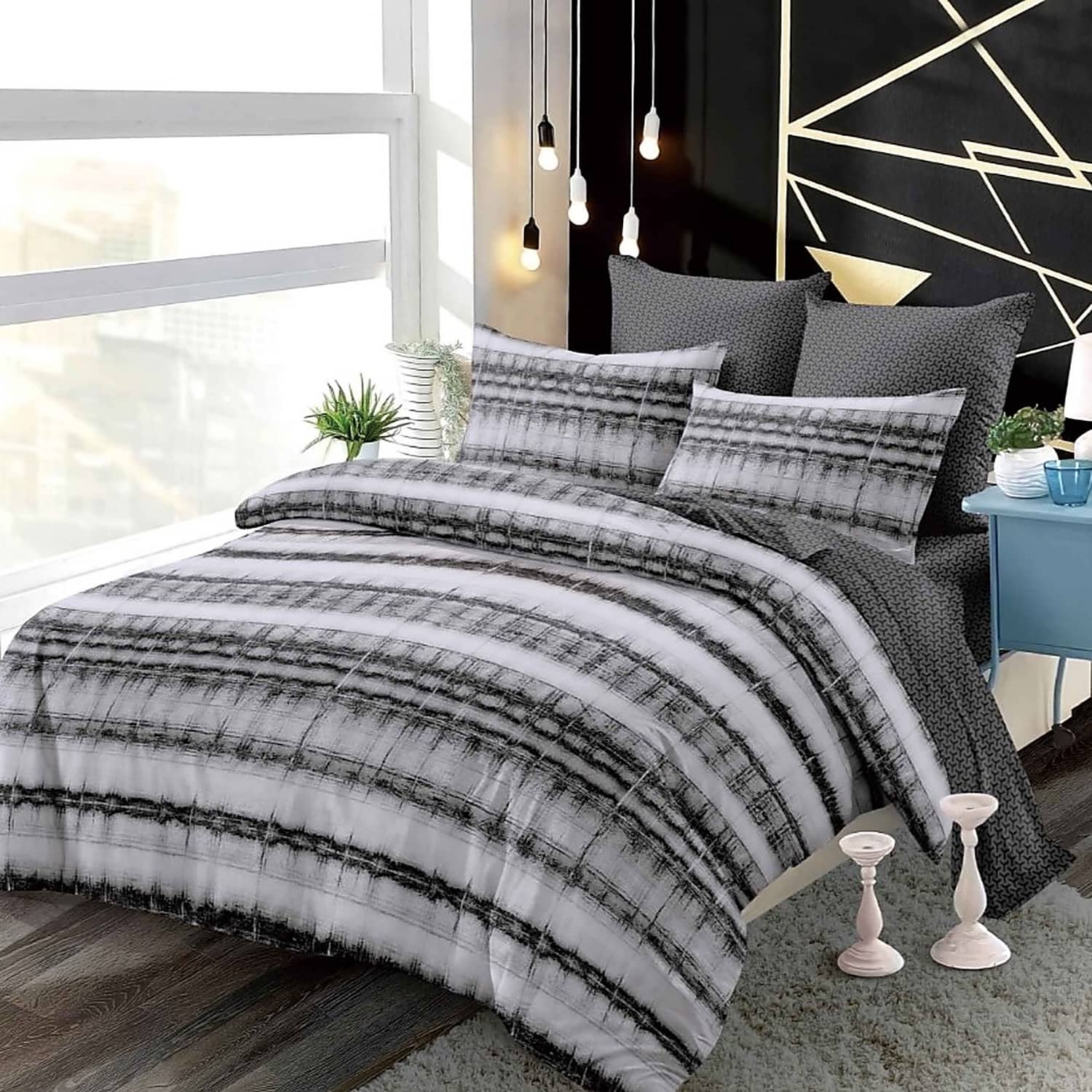 Lenjerie pat dublu, finet, elastic, 6 piese, model gri cu dungi orizontale | Primavara
