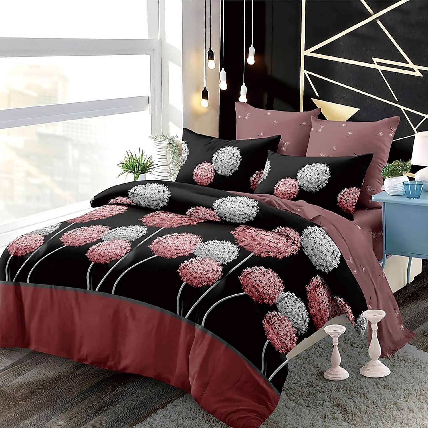 Lenjerie pat dublu, finet, elastic, 6 piese, model negru cu flori roz | Primavara