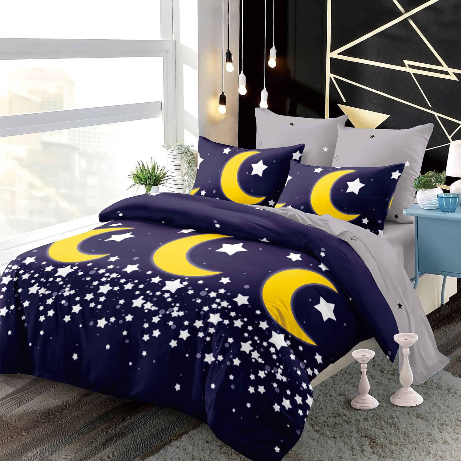 Lenjerie pat dublu, finet, elastic, 6 piese, model bleumarin cu luni si stele | Primavara