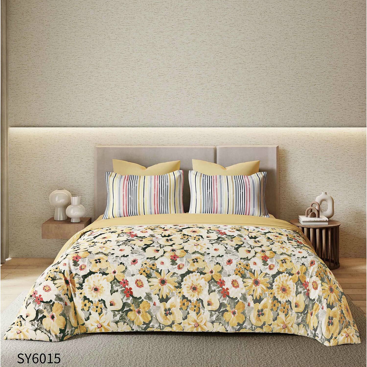 Lenjerie pat dublu, finet gros, elastic, 6 piese, model crem cu flori colorate | Primavara