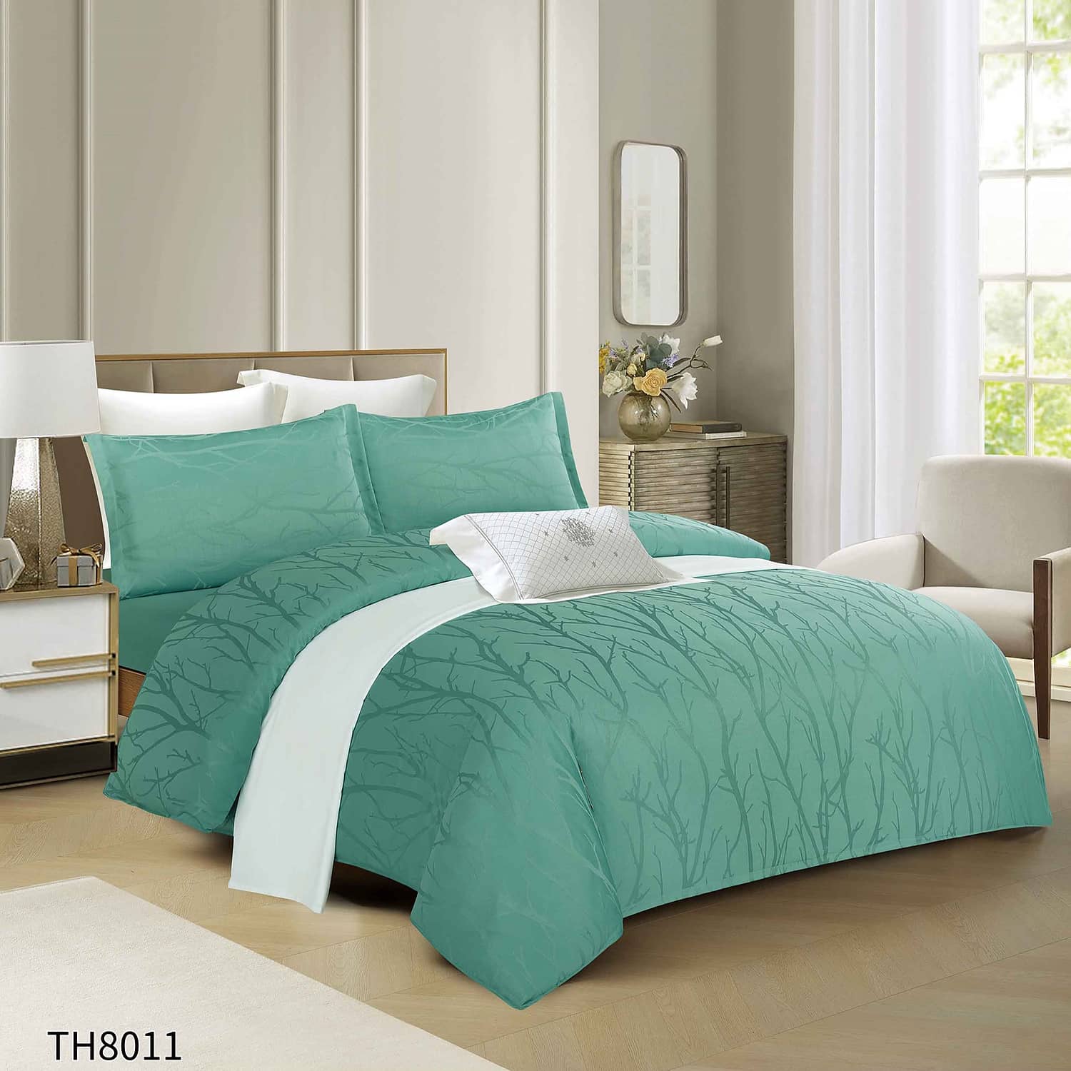 Lenjerie pat dublu, Jacquard, elastic, 4 piese, model verde menta cu frunze stilizate | Primavara