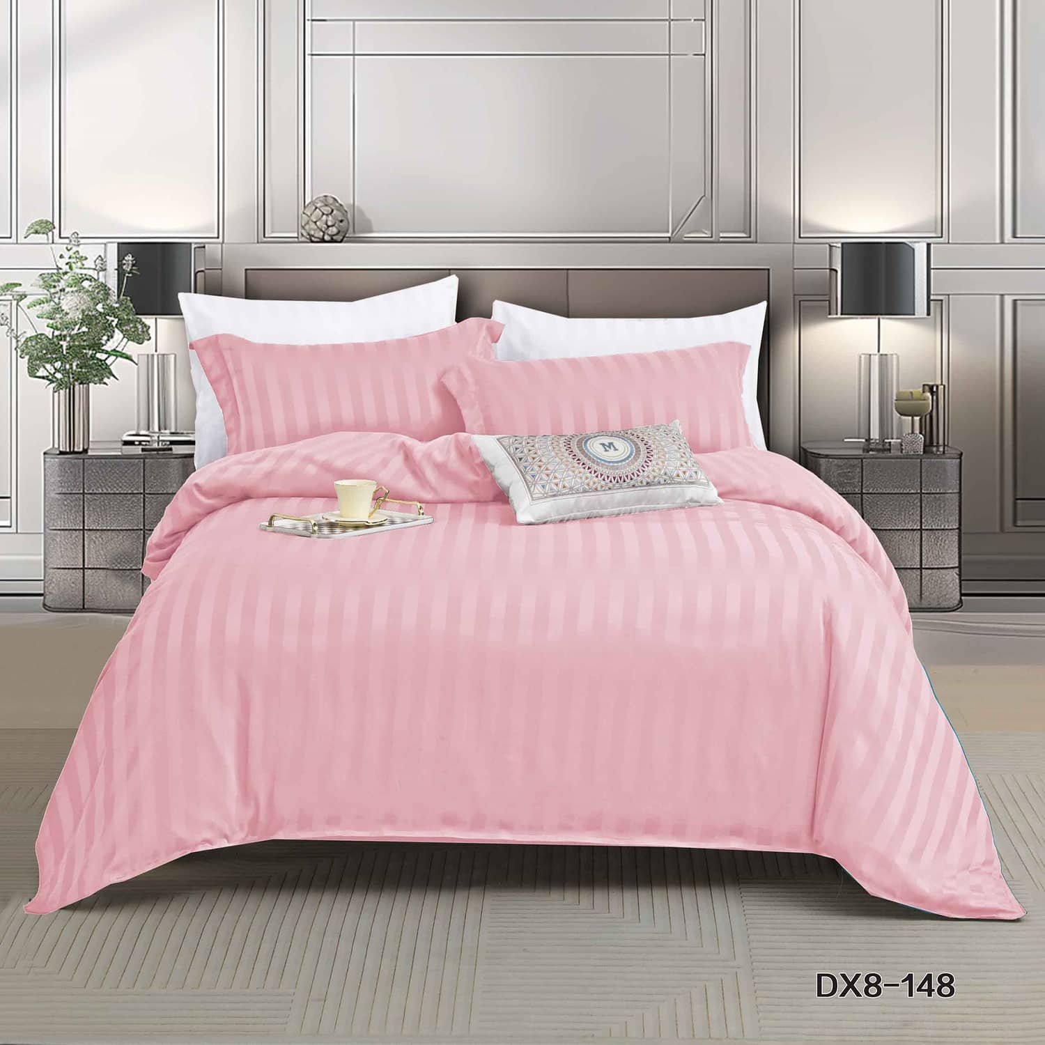 Lenjerie pat single, Damasc Finetat, cu elastic, 4 piese, model roz cu dungi satinate | Primavara