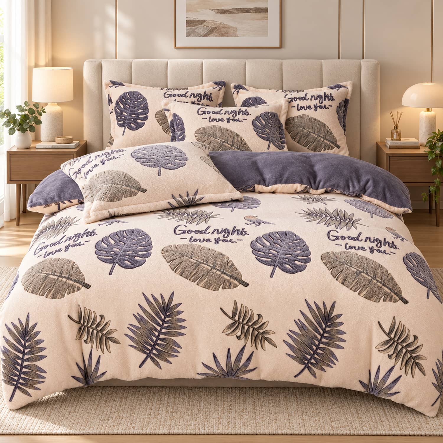 Lenjerie pat single, Cocolino, fără elastic, 4 piese, model  bej cu frunze tropicale | Jojo Home